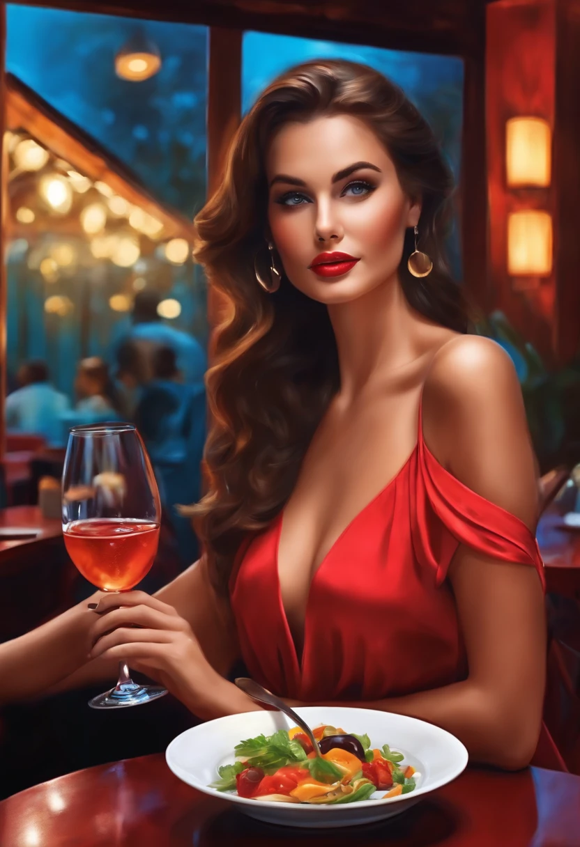 beautiful sexy lady eating in the restaurant colorful realistic masterpiece