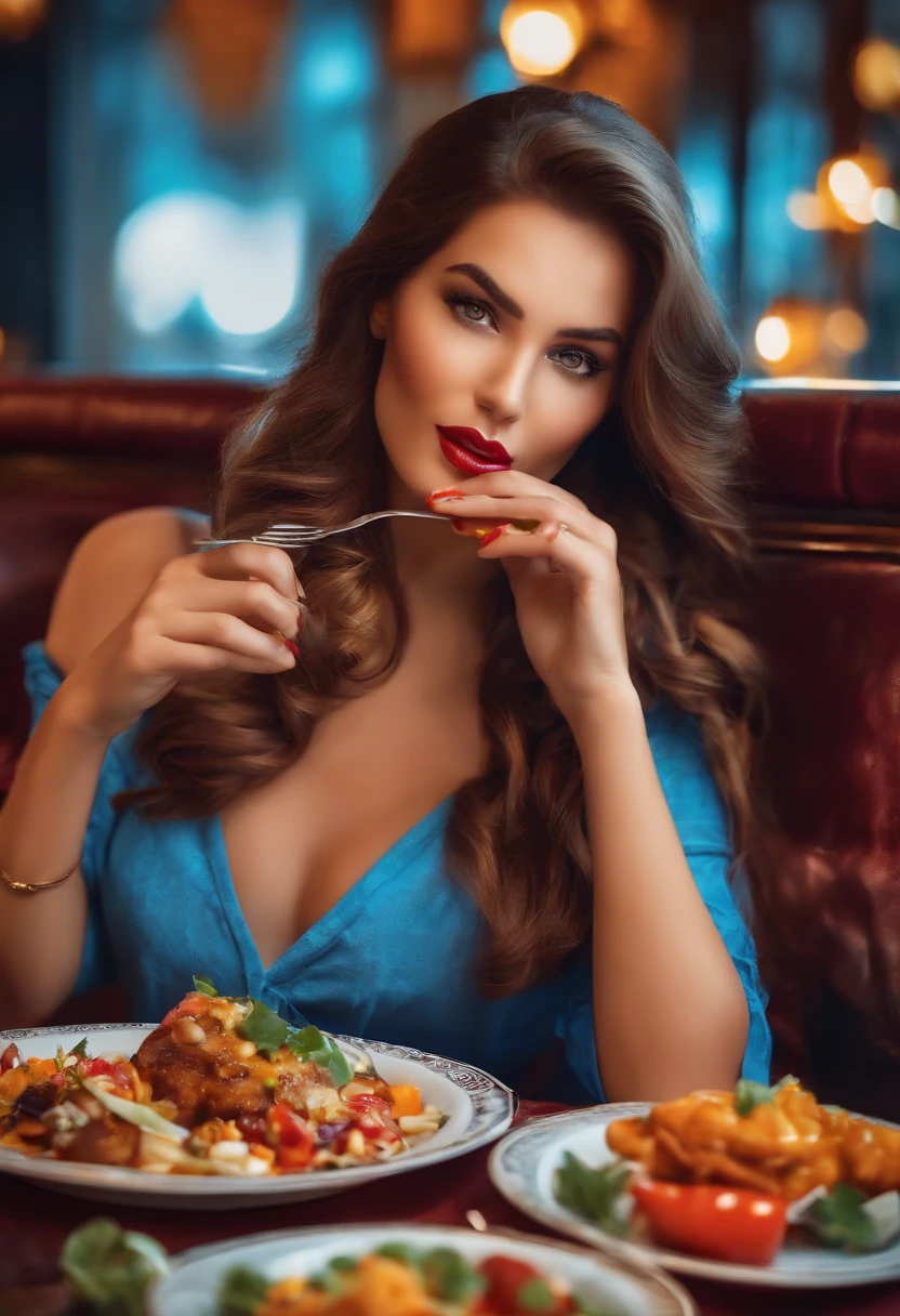 beautiful sexy lady eating in the restaurant colorful realistic masterpiece