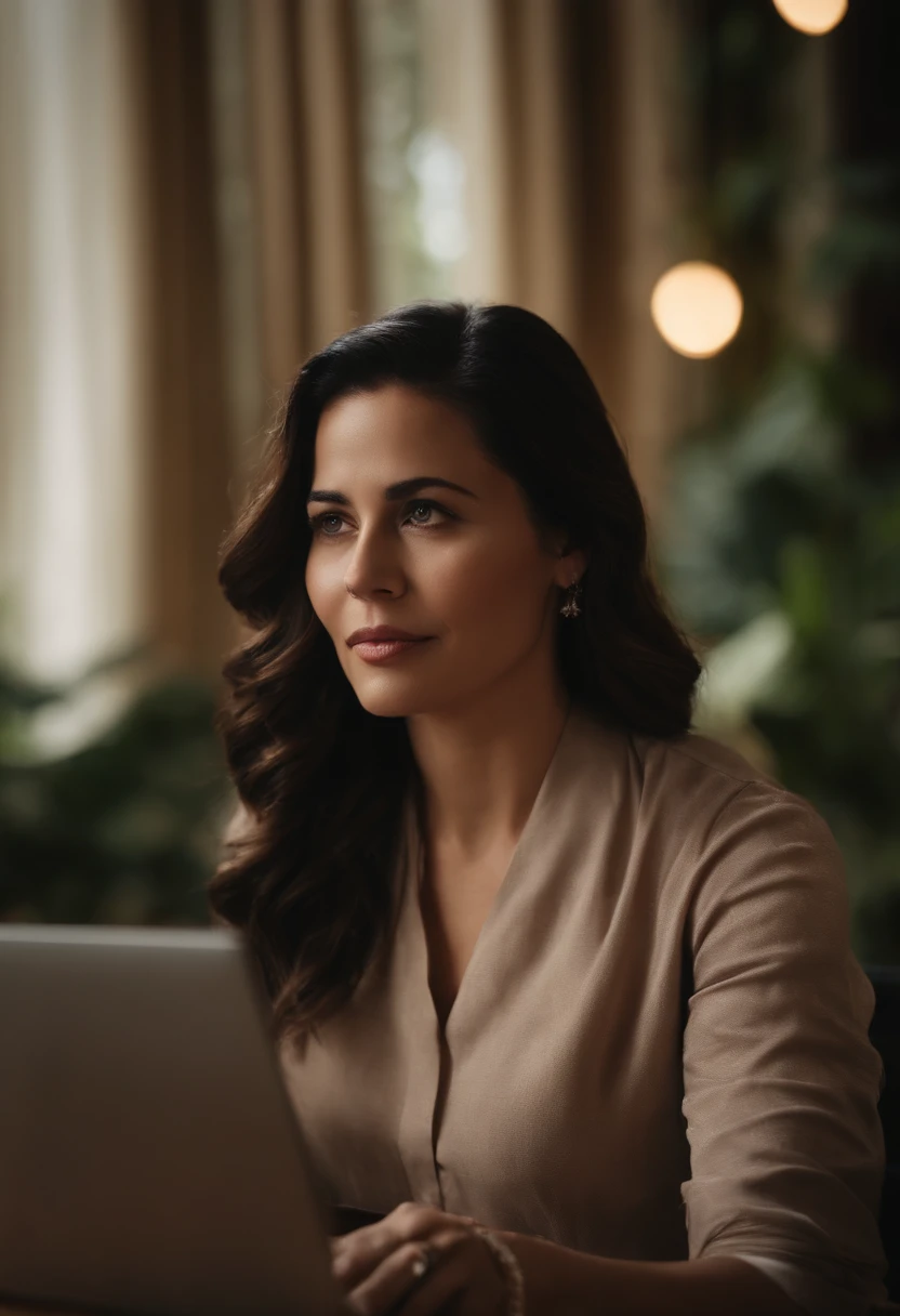 A confident and calm，A woman who values both beauty and wisdom，seriously，Watch the American drama on the computer intently，Close-up subtitles