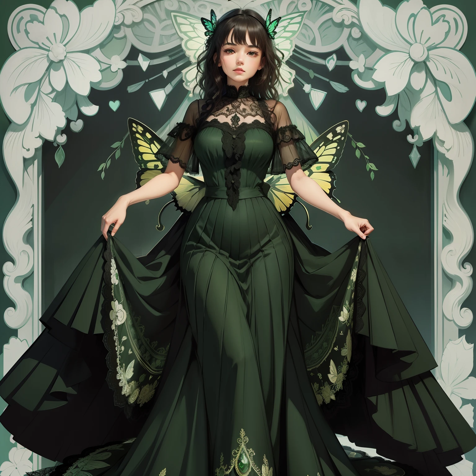 ((Masterpiece)), (Best quality), (Simple style), Green dress, Butterfly heart, Pleated lace, Edwardian lace dress.
