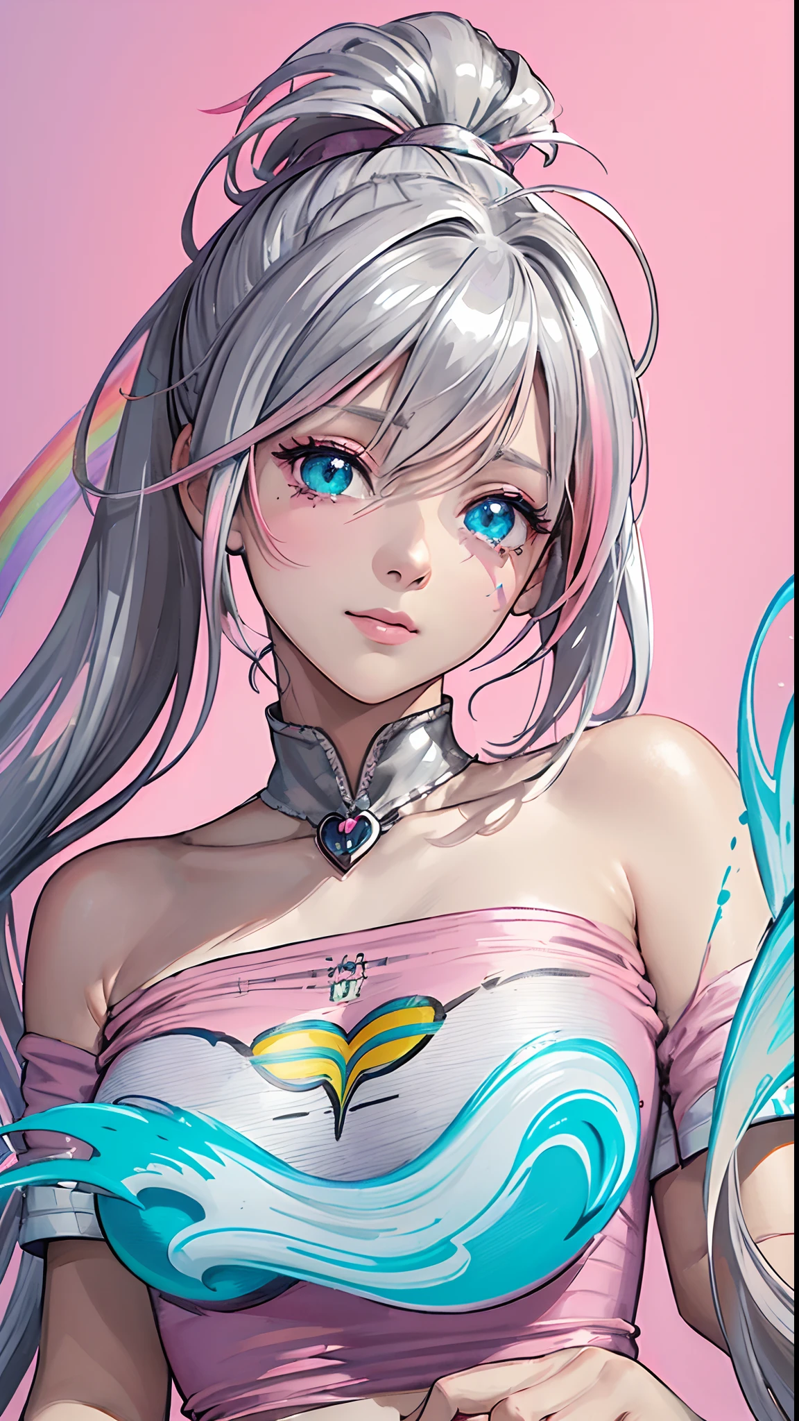 (Pink fashion T-shirt:1.9),(Long silver hair:1.8), (((portrait illustration:1.6))), (illustration:1.6),Front, Manga, illustratio, illustration, largeeyes, Crystal clear eyes,( rainbow color gradient high ponytail:1.7), Exquisite makeup, Closed mouth,(Small Fresh: 1.5),(Wipe Chest: 1.6) ,long eyelasher, white off-the-shoulder T-shirt, White Shoulder Shirt,Looking at the audience, large tears, splash of color, (Solo:1.8), splash of color, Color explosion, Thick Paint Style, Messy lines, ((glimmering)),(Colourful), (Colourful), (Colourful), Colourful, Thick Paint Style, (Splash) (splash of color), Portrait painting, Upper body body, paint splatter, Acrylic Pigment, gradation, dope, Highest quality, top-quality, tmasterpiece, Solo, depth of fields, facepaint, Flashy clothes, (Graceful: 1.2), splendid, Long hair, Wind, (Graceful: 1.3), (petals: 1.4),(((tmasterpiece))),(((top-quality))),((A highly detailed)),(Illustrations),(dynamic angle),((Floating)),(dope),((ldisheveled hair)),(Solo),(1girll) , (((Detailed anima face))),((Beautiful detailed face)),collared,bare shoulders,white haired Cangcang, ((Colorful hair)),((Striped hair)),Beautiful detailed eyes,(Gradient color eyes),(((flashy eye),(Colorful background))),(High saturation))),(((Surrounded by colorful splashes))),