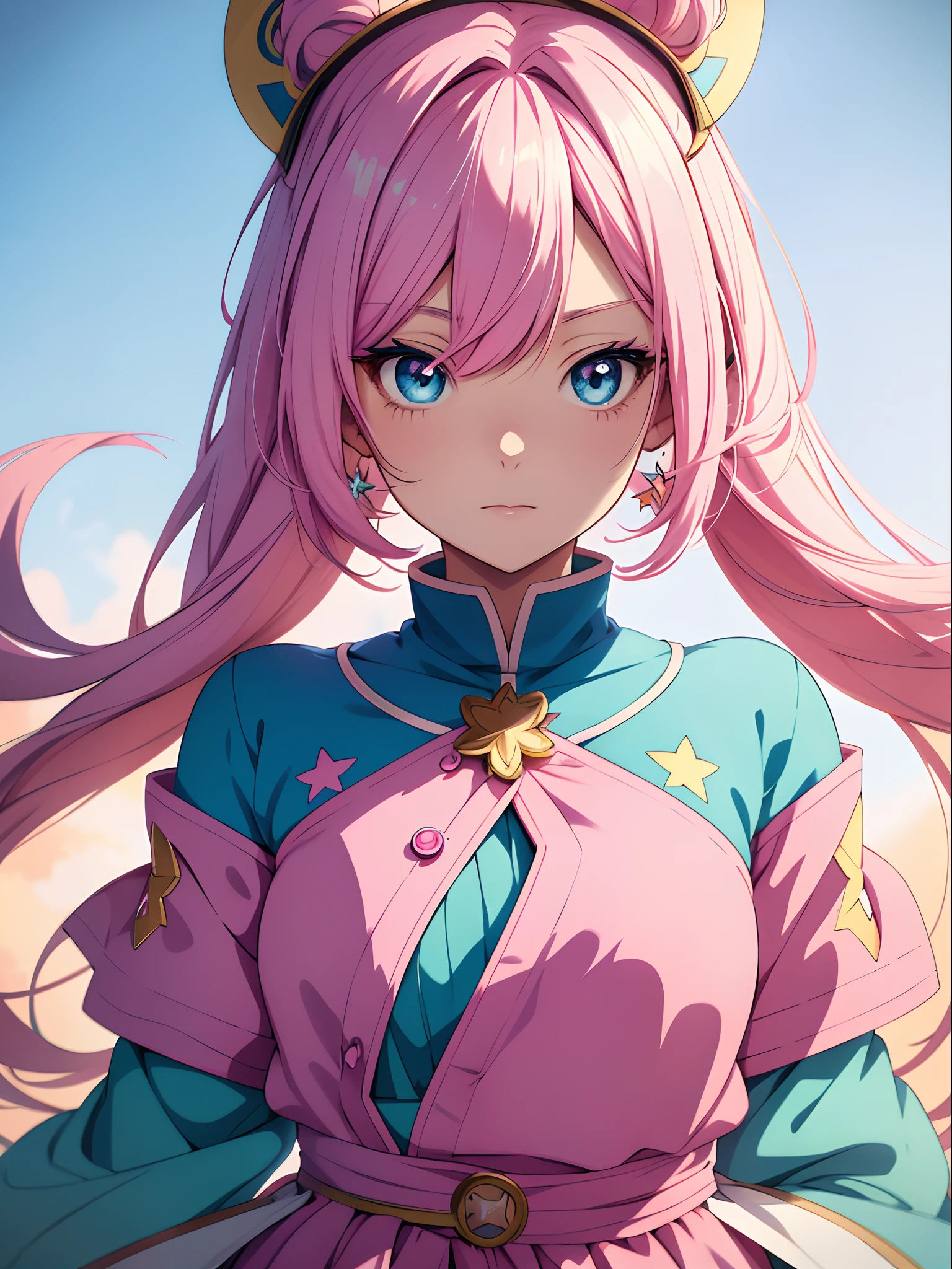 Anime girl with pink hair and blue eyes with stars on her head, lovely art style, beautiful anime art style, Anime art style, Beautiful anime style, anime art style, beautiful drawing style, trending on artstration, High Quality Anime Art Style, rossdraws pastel vibrant, a beautiful anime portrait, colorful sketch, aesthetic cute with flutter, style of anime, anime vibes