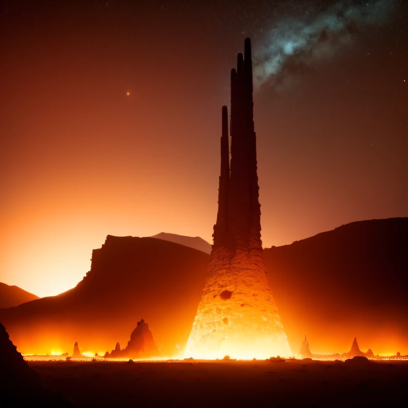 Alien base (Very detailed) In the mountainous desert,There are several exhaust fans and chimneys, Some spotlights come out of the base to illuminate dark places, (Extreme nights), Some clouds in the night sky, Some of the surrounding planets provide air to unknown planets,The farthest giant volcano is erupting