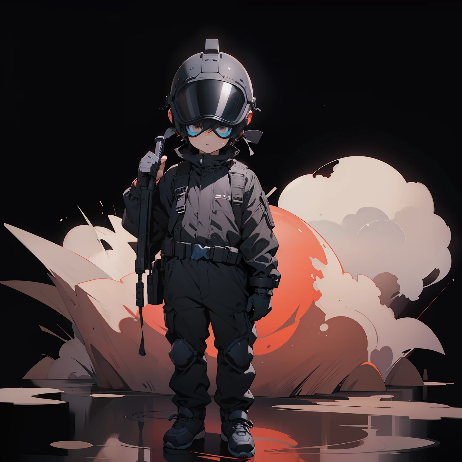 ((Male child))、Shooting、Helmet included、Wear goggles、is standing、(Black background)、illustratio、(Facing the front)、deadpan、Straight Facing、((Black background))