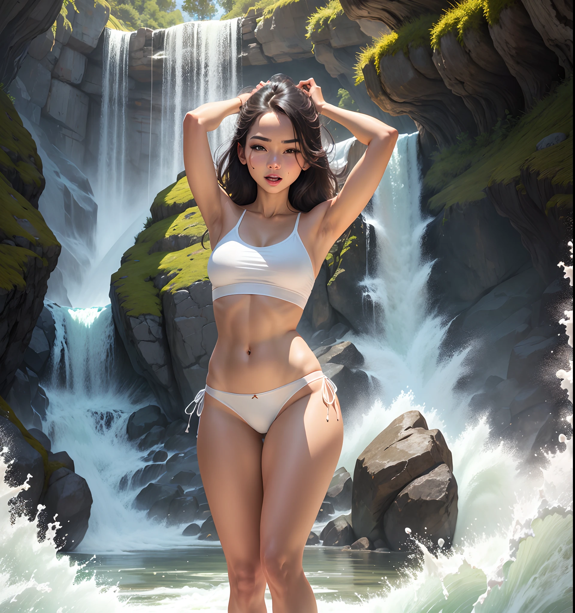 "Create  artwork with a woman wearing white panties with cameltoe standing under a cascading waterfall, their attire and expression capturing the serene beauty of the moment."