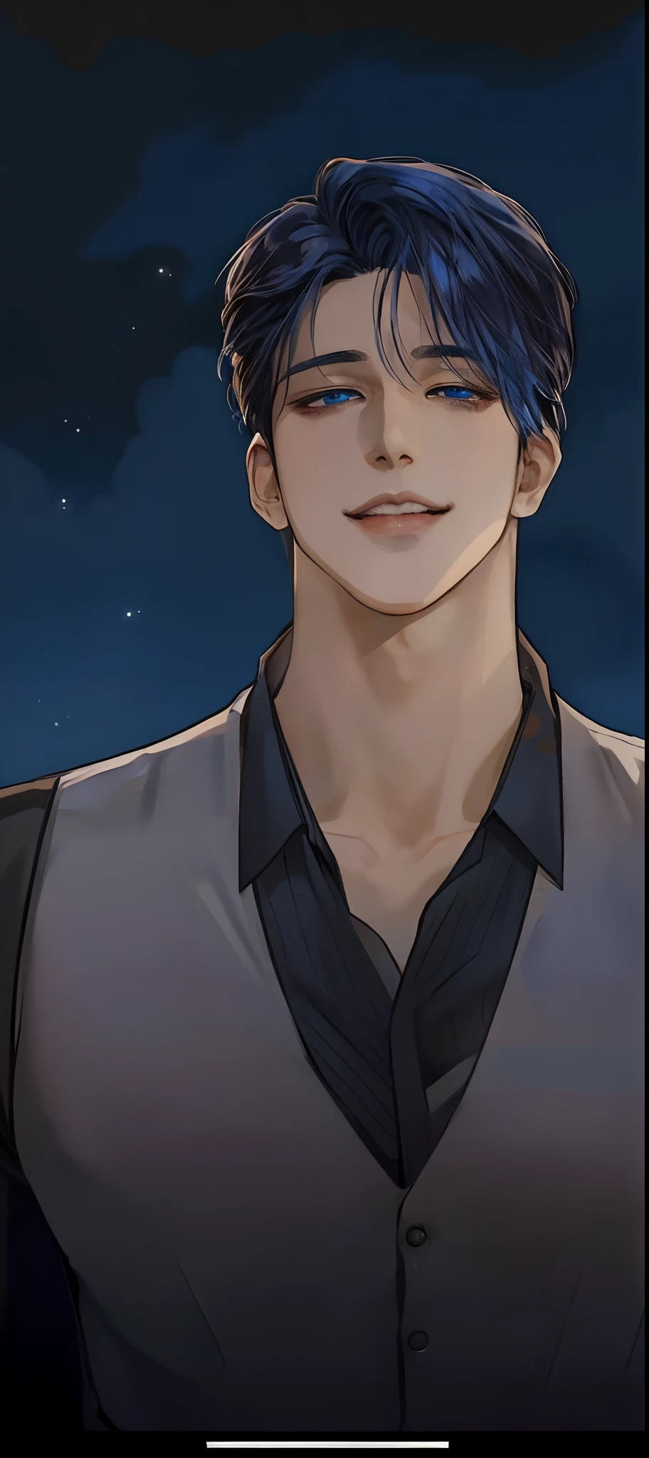 a close up of a man in a shirt and vest looking at the camera, moon behind him, delicate androgynous prince, handsome prince, anime handsome man, handsome guy in demon slayer art, charming sly smile, inspired by Bian Shoumin, manhwa, tall anime guy with blue eyes, beautiful androgynous prince, heise jinyao, extremely handsome