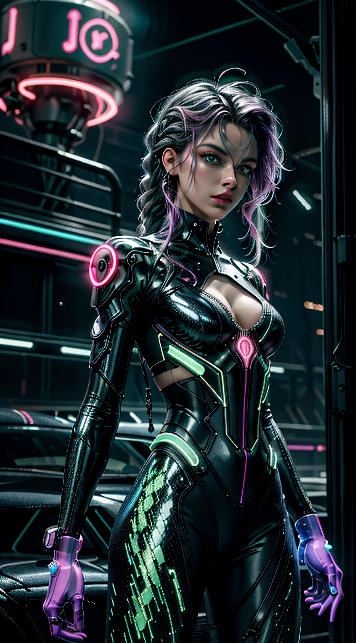 (master part, high resolution, photo-realistic:1.4), (long hair braid, Braided snakes, master part, best quality, alta qualidade, intrincado, Concedido) em um (neon-lit:1.4) cidade cyberpunk, em um (encharcado pela chuva:1.2) rua, Medusa is a futuristic fashion icon, Mixture of bioengineered tissues and iridescent holographic scales, (neon roxo, Azul Neon:1.2), cabelos muito longos, reptile eyes, roxo neon, néem umzul |, Metropolis, (Cinematic lighting, futuristic background:1.2), cowboy shot