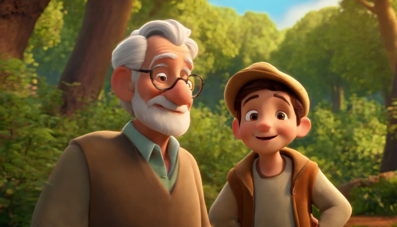 A very old man, a young boy, both with happy expressions, are talking about the future, standing in front of a forest, strong and beautiful trees, cartoon style