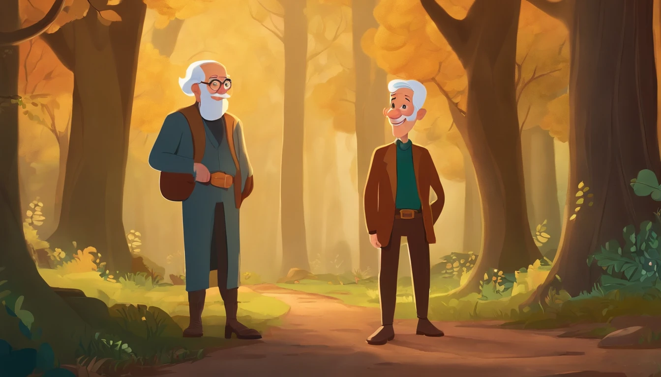 A very old man, a young boy, both with happy expressions, are talking about the future, standing in front of a forest, strong and beautiful trees, cartoon style