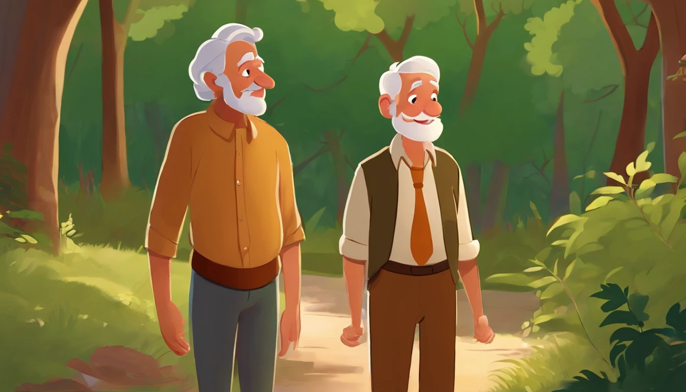 A very old man, a young boy, both with happy expressions, are talking about the future, standing in front of a forest, strong and beautiful trees, cartoon style