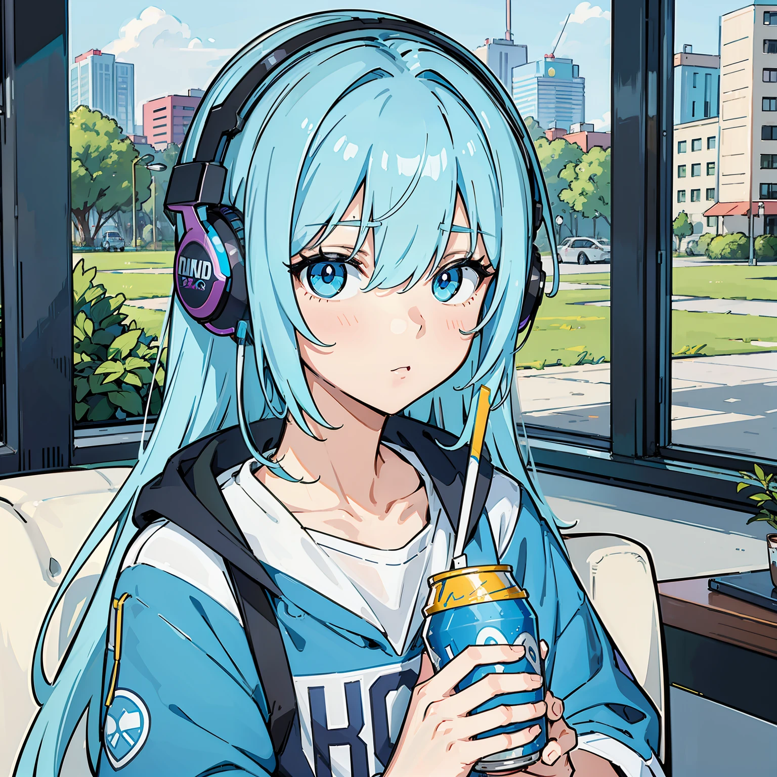 (Highest image quality 8K), (masterpiece), A light blue haired woman, drinking energy drinks, wearing headphones,