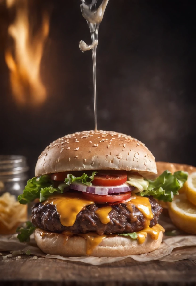 A burger falling in pieces juicy, tasty, hot, promotional photo, intricate details, hdr, cinematic, adobe lightroom, highly detailed