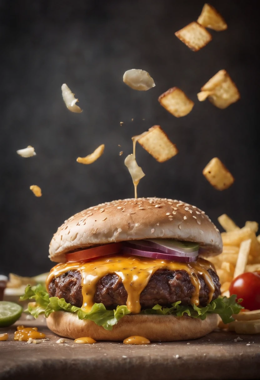 A burger falling in pieces juicy, tasty, hot, promotional photo, intricate details, hdr, cinematic, adobe lightroom, highly detailed