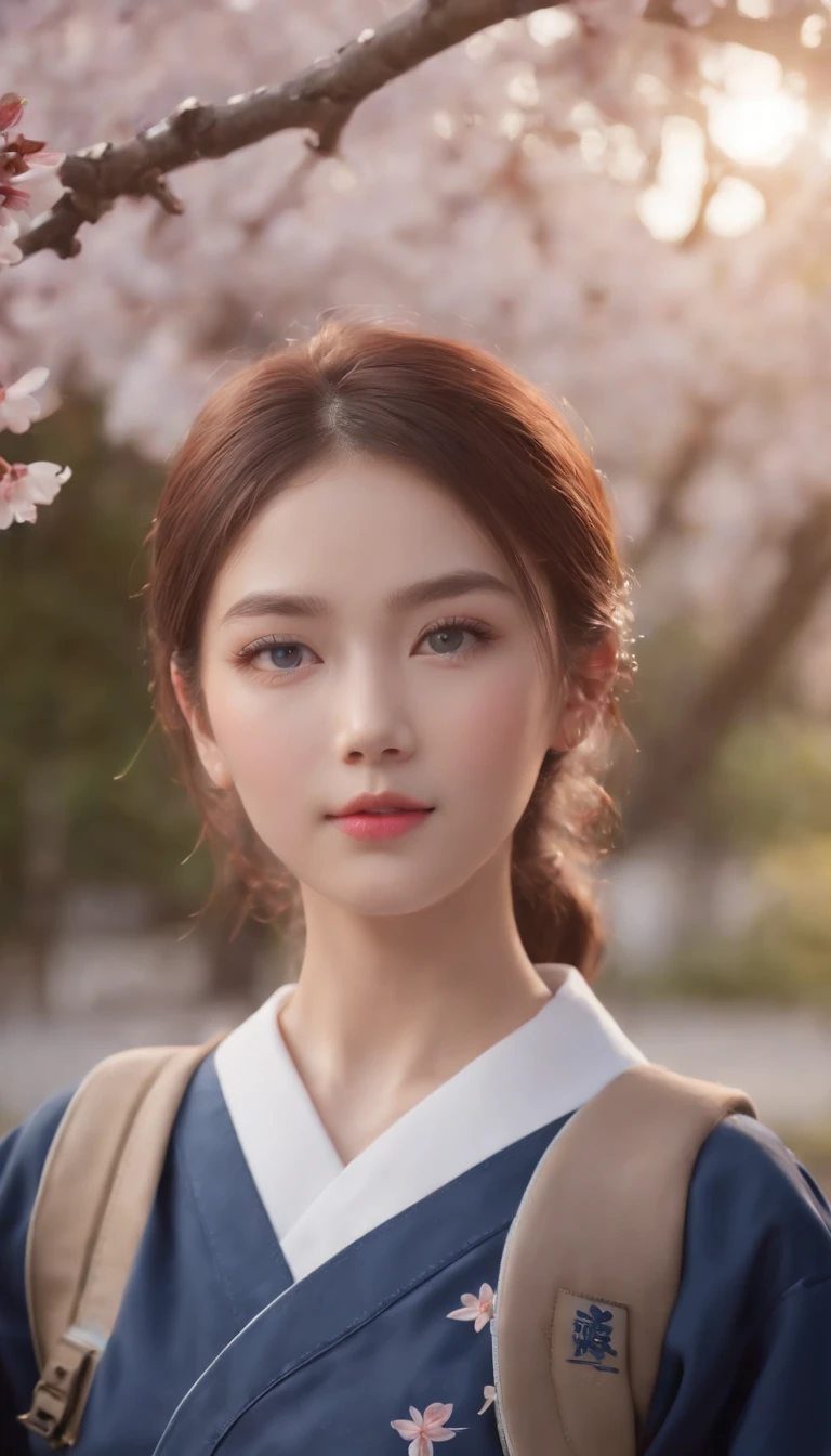 (Masterpiece, photo-realistic:1.4), (Close-up shot:1.3), (Japanese high school student:1.3), (Go home at sunset:1.3), (Blue and white school uniform:1.4), (undercut hairstyle:1.3), (Bright two-color eyes:1.4), (Backpack on the shoulder:1.2), (Walk through the park where cherry blossoms bloom:1.2), (Charming and innocent gaze:1.3), (Peaceful warm sunset lights:1.2), (Captured uniform details:1.3), (Cherry blossom petals rustling in the breeze:1.2), (A subtle blush on the cheeks:1.2), (youthful charm:1.2), (Beautifully styled hair:1.3), (Expressive eyes,Shine with excitement:1.2), (Peaceful and charming atmosphere:1.2), (Perfectly captures emotion and detail:1.2), Cinematic, Hyper-detailed, insanely details, beautifully color-graded, illusory engine, degrees of freedom, Hyper-Resolution, megapixel, Cinematic lightning, Anti-aliasing, FKAA, TXAA, RTX, SSAO, post-proces, postproduction, Tone-mapping, .CGI, vfx, SFX, insanely detailed and intricate, hyper-maximalist, Ultra photo realsisim, volumetr, Photorealistic, The ultra-realistice, Ultra-detailed, Intricate details, 8K, Super detailed, Full color, Volumetric lightning, hdr, Realistic, illusory engine, 16k, Sharp focus, Octane render --v testp