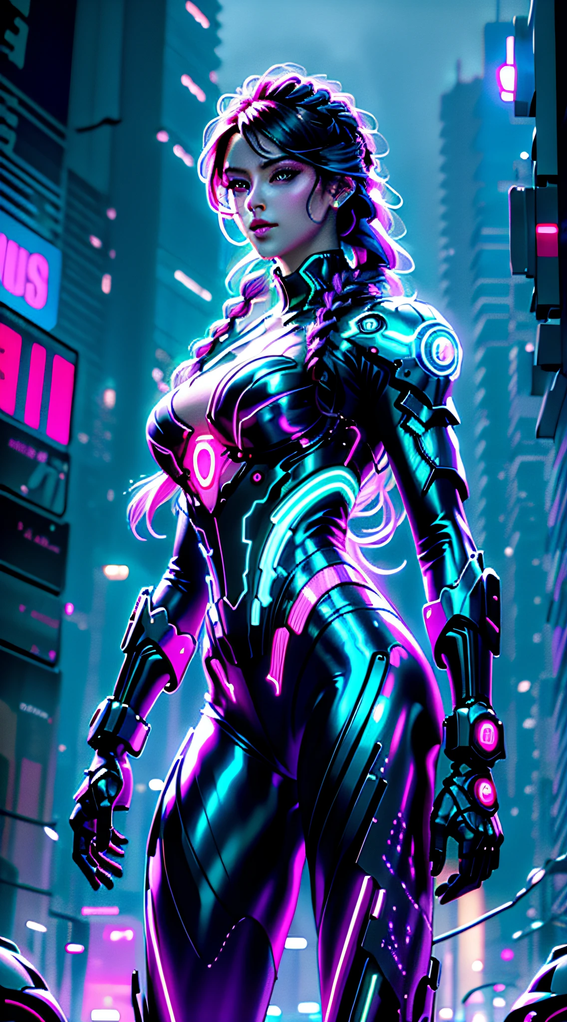 (master part, high resolution, photo-realistic:1.4), (long hair braid, Braided snakes, master part, best quality, alta qualidade, intrincado, Concedido) em um (neon-lit:1.4) cidade cyberpunk, em um (encharcado pela chuva:1.2) rua, Medusa is a futuristic fashion icon, Mixture of bioengineered tissues and iridescent holographic scales, (neon roxo, Azul Neon:1.2), cabelos muito longos, reptile eyes, roxo neon, néem umzul | | |, Metropolis, (Cinematic lighting, futuristic background:1.2), cowboy shot