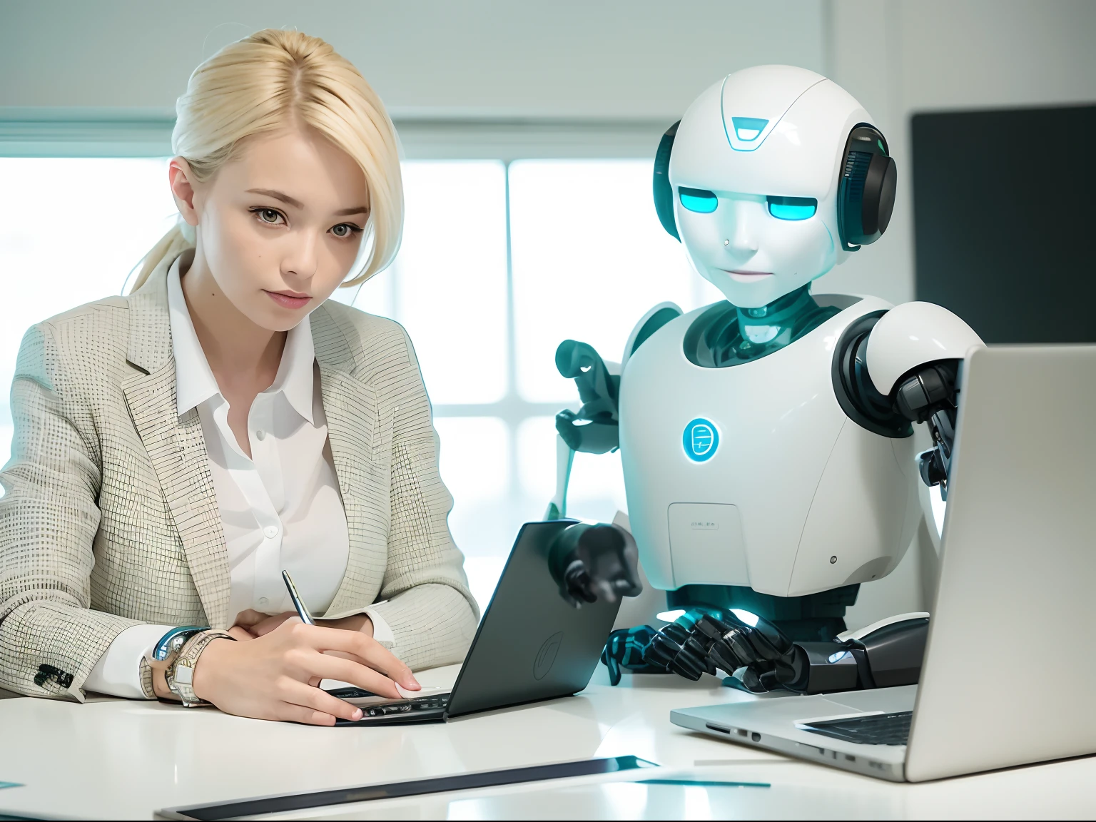 woman in business attire sitting at a table with a laptop and a robot, woman and robot, endless collaboration with ai, ai researcher, robot with human face, strong artificial intelligence, artificial intelligence, half robot and half woman, humanoid robots, with ai theme, the most advanced humanoid robot, all robots are half human, humanoide robot, friendly humanoid robot