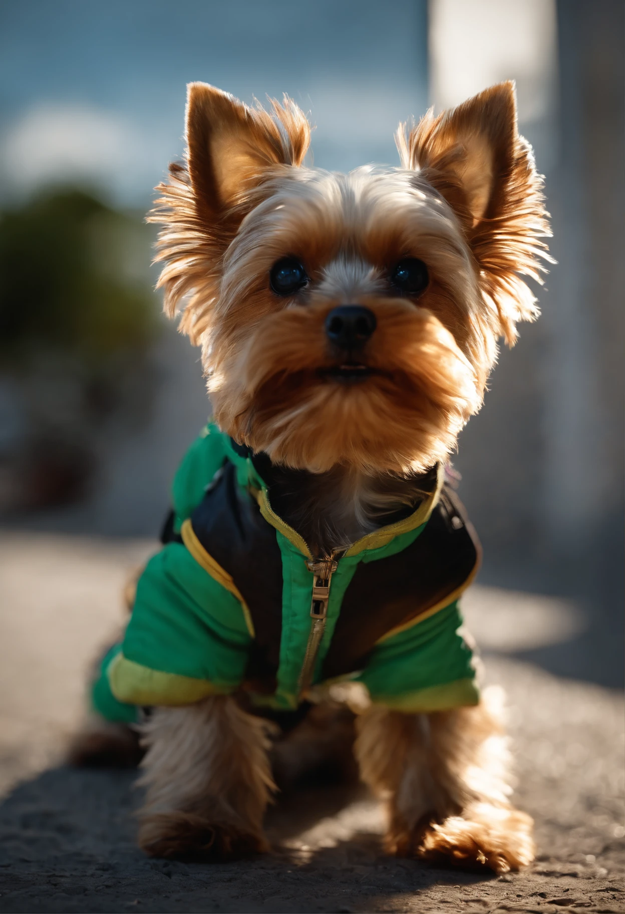Adesivos fofos e legais, yorkshire terrier, Tampa fofa, fundo branco, Filhotes de cachorro fofos adolescentes em pleno crescimento cypunk na jaqueta, Boombox, ISO distance vision, cinemactic, hiper-realista, back lit lighting,very low angle, altamente detalhado, zoomout, renderizado em unrealengine,