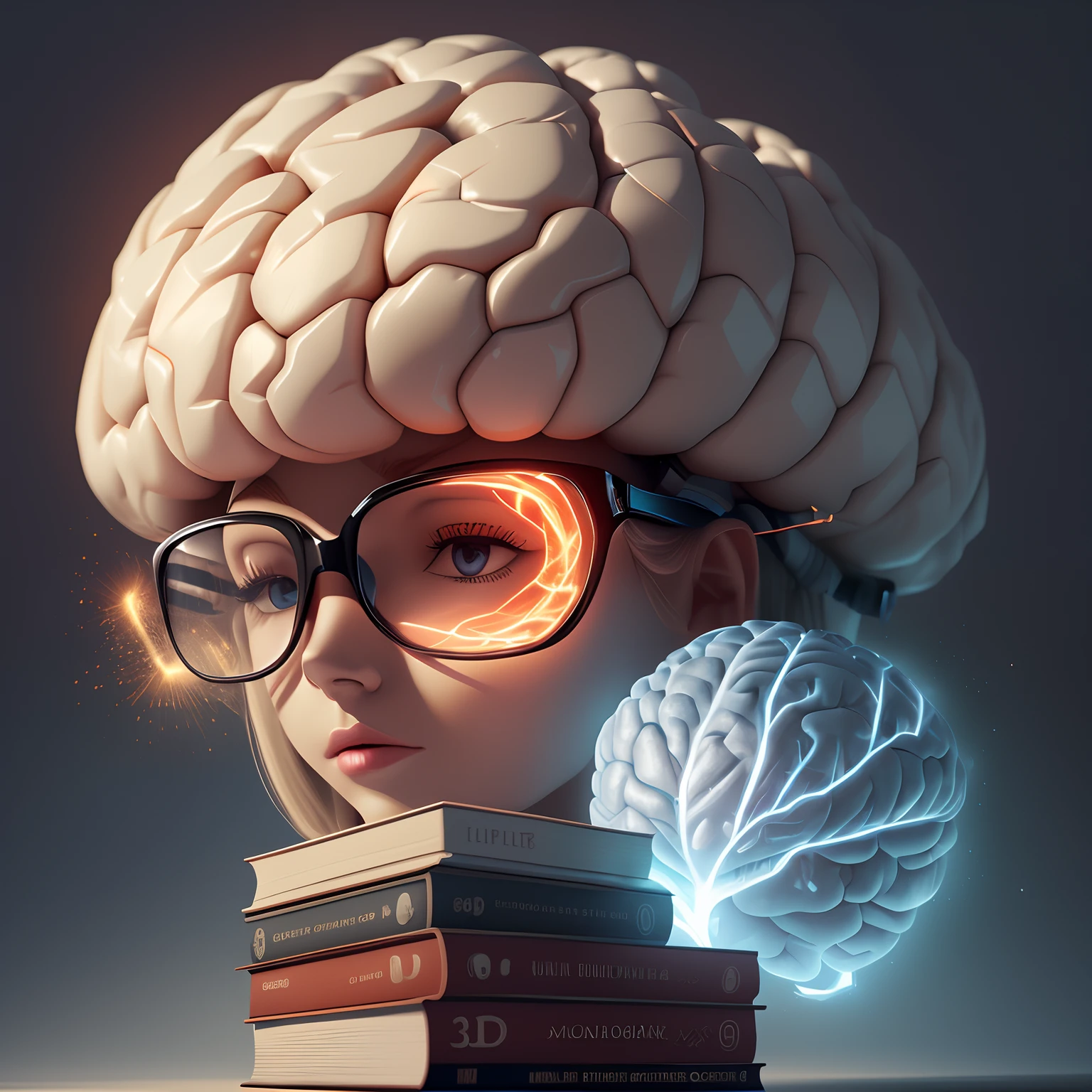 There's a woman with a brain on her head and glasses, mind character, brain visible, 3 d illutration, 3d renderizar arte digital, brains, Directed by: Adam Marczyński, 3 d illustration, 3 d illustration, matrioshka brain, big brain, ultra realistic 3d illustration, digital art render, electronic brain, 3 d epic illustrations