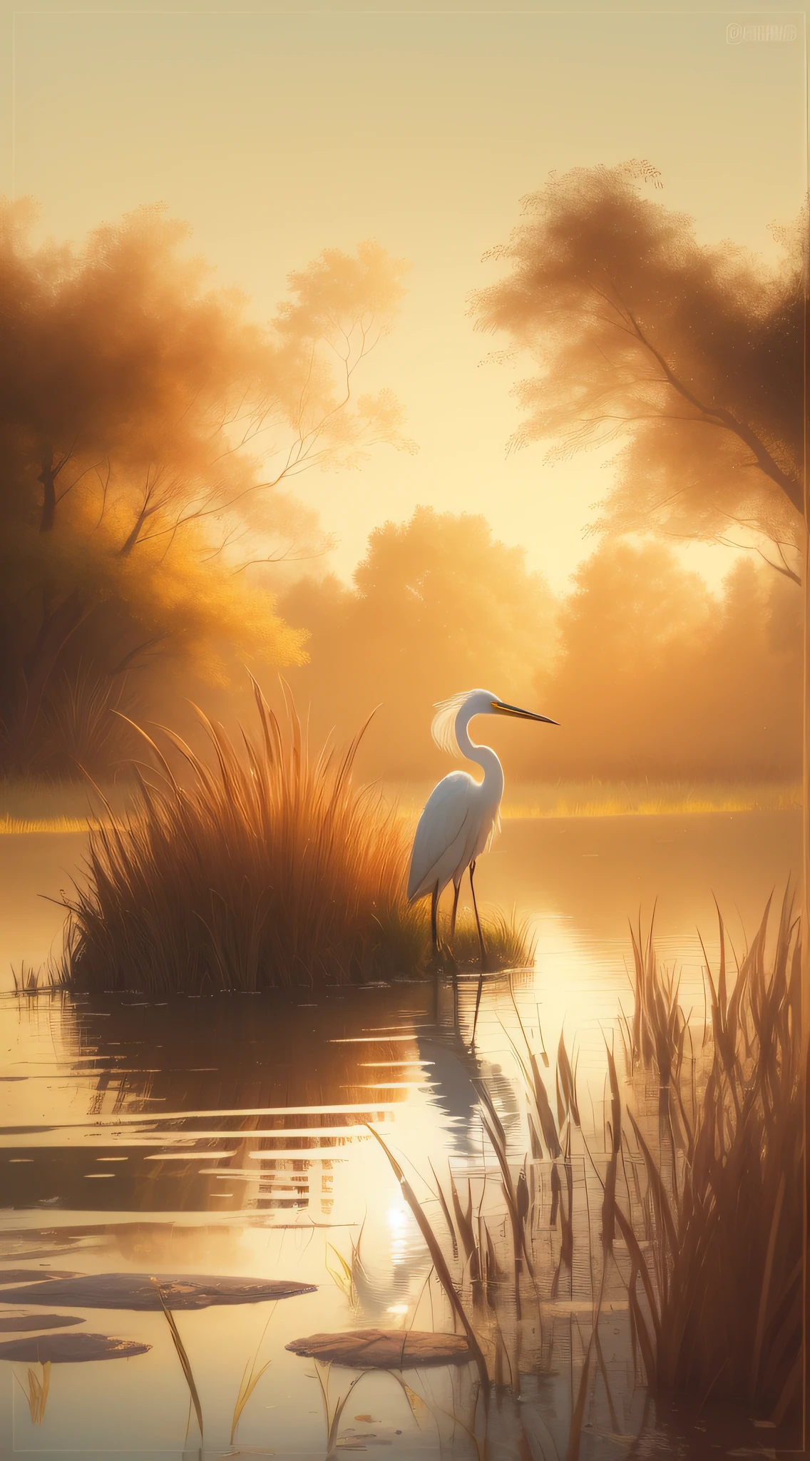 There is an egret in the water, Autumn morning, sunflare;back to the camera, still from nature documentary, sunny morning light, water reflecting suns light, a still of an ethereal, Grass and water, Yellowed reeds,Early morning light,Autumn morning, soft sunlight dappling, Realistis, morningglow, Soft light.4K,(Illustration style:1.3)