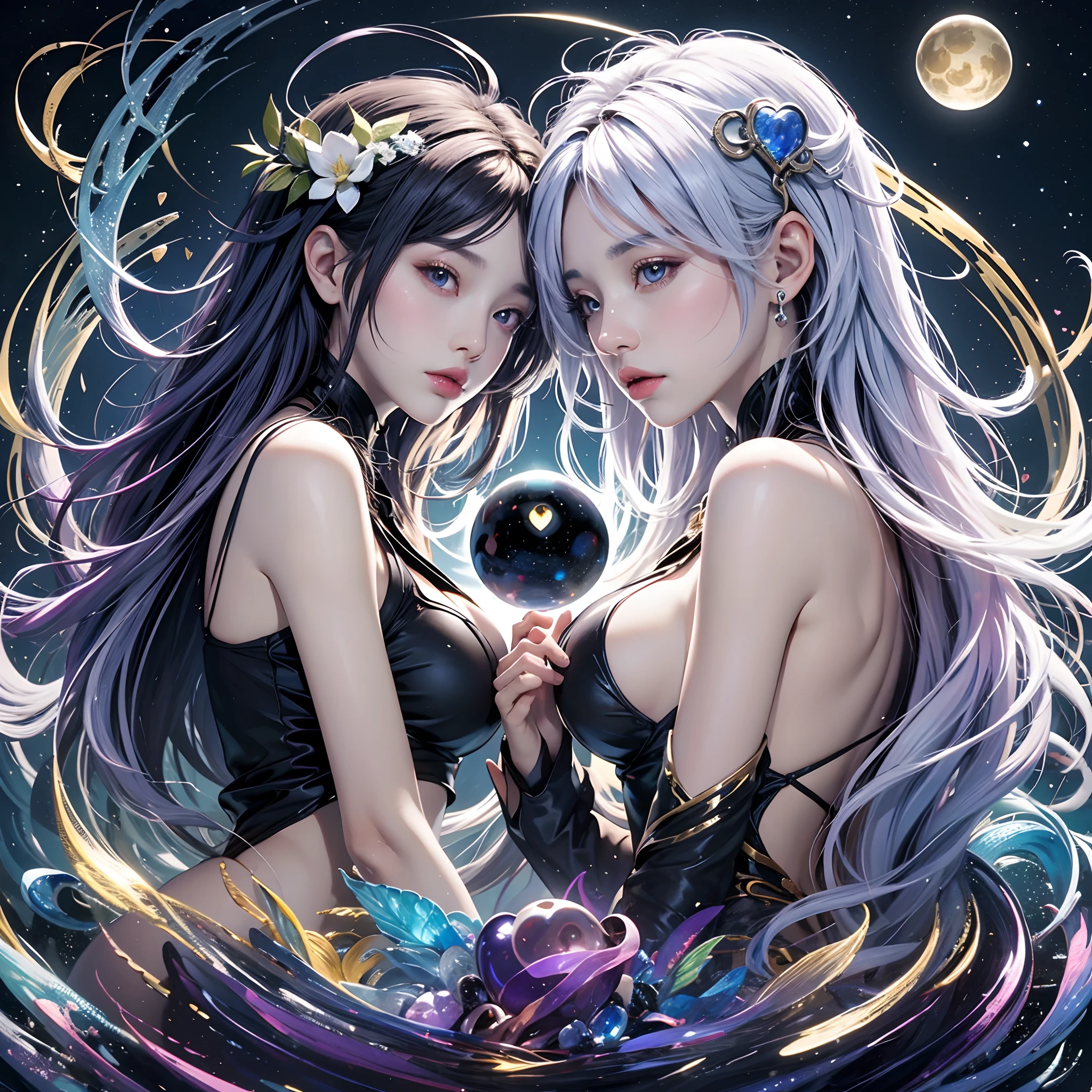 AI-generated painting at Sea Art、It depicts a fascinating image of yin and yang, (Max Quality, Exquisite design, The best lighting, Better shading). Statues of two mermaids in the shape of yin and yang. Inside the crystal ball, Under the moon and sun, Bring to life the harmony and interconnectedness of opposing forces and duality. Detailed, Realistic details, Convoluted, Carved in purple and yellow marble, Shining in the moonlight and sunshine, The perfect balance between light and dark, Mysterious and calm. Inside the crystal ball, Two halves: black woman, Represent Yin, And another white one, Symbolizing Yang. These details are、It symbolizes the mutual presence of opposing elements in each aspect. Although yin contains a small dot of yang, Yang also contains small dots of yin, Create a dynamic and harmonious balance. AI-generated painting at Sea Art、It conveys a profound message about the duality of the universe.Express in the form of a heart、Ornaments in the form of hearts、Use a lot of heart shapes、Use a lot of heart shapes in the background、They are fused with machines、Mechanization of half of the body、Half of the body is made of machines、