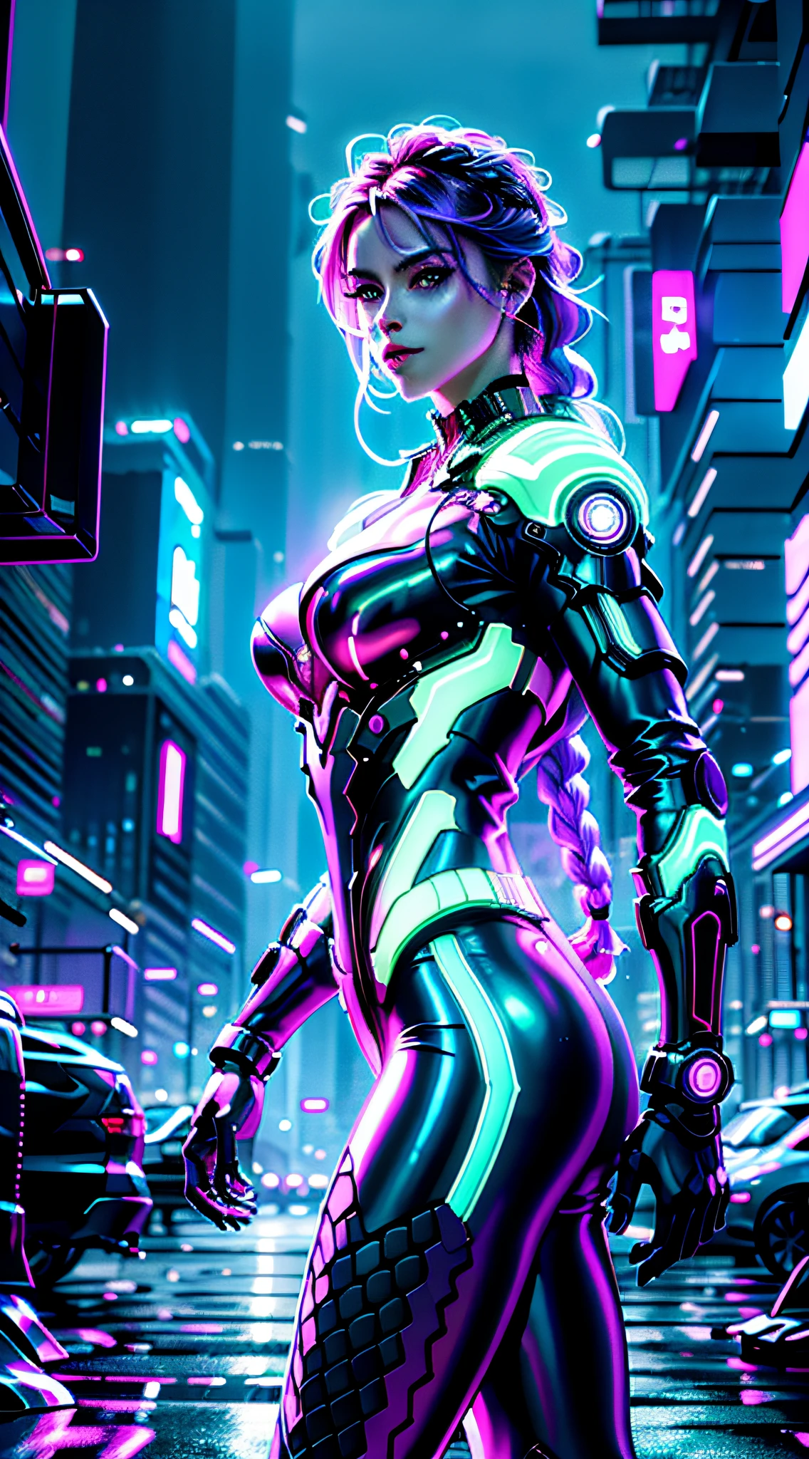 (master part, high resolution, photo-realistic:1.4), (long hair braid, Braided snakes, master part, best quality, alta qualidade, intrincado, Concedido) em um (neon-lit:1.4) cidade cyberpunk, em um (encharcado pela chuva:1.2) rua, Medusa is a futuristic fashion icon, Mixture of bioengineered tissues and iridescent holographic scales, (neon roxo, Azul Neon:1.2), cabelos muito longos, reptile eyes, roxo neon, néem umzul | | | |, Metropolis, (Cinematic lighting, futuristic background:1.2), cowboy shot