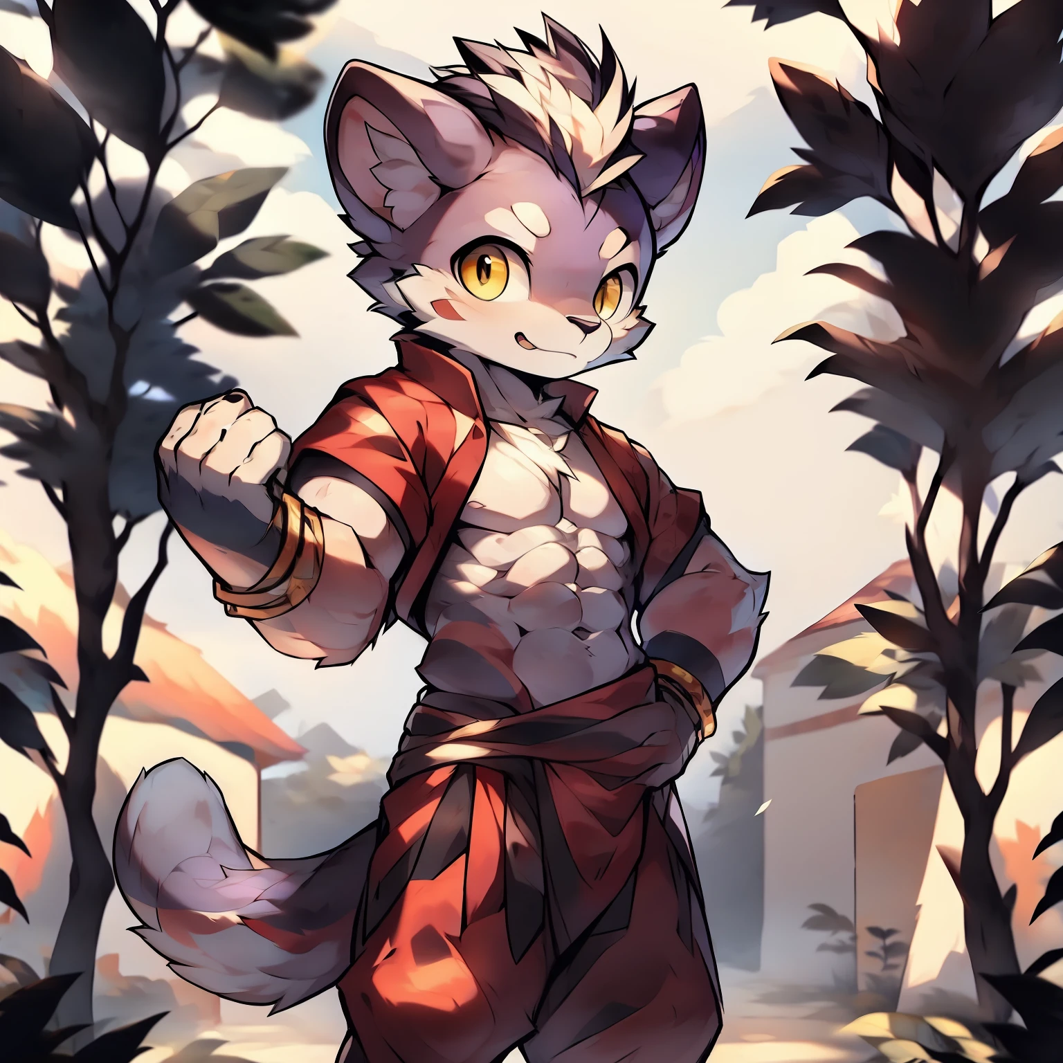 Best quality, Young, , Furry, Solo, Male Tiger: 1.5, Purple fur: 1.5, Purple Ears, Animal Ear, Yellow eyes, Humanoid hands, Muscular body, Abs, Wearing Thai style clothes, Topless, Standing in the street of Thailand , Wearing bracelets, Mohawk hair, Rich body movements, Detailed fur, Detailed cloths, Thailand.