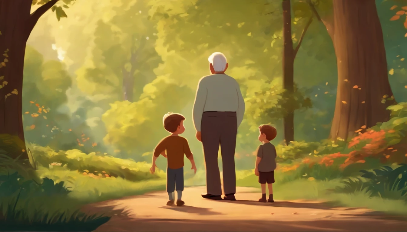 Just A very old man, just a young boy, both with happy expressions, are talking about the future, one in front of the other, standing in front of a forest, strong and beautiful trees,  in an animated cartoon-style drawing
