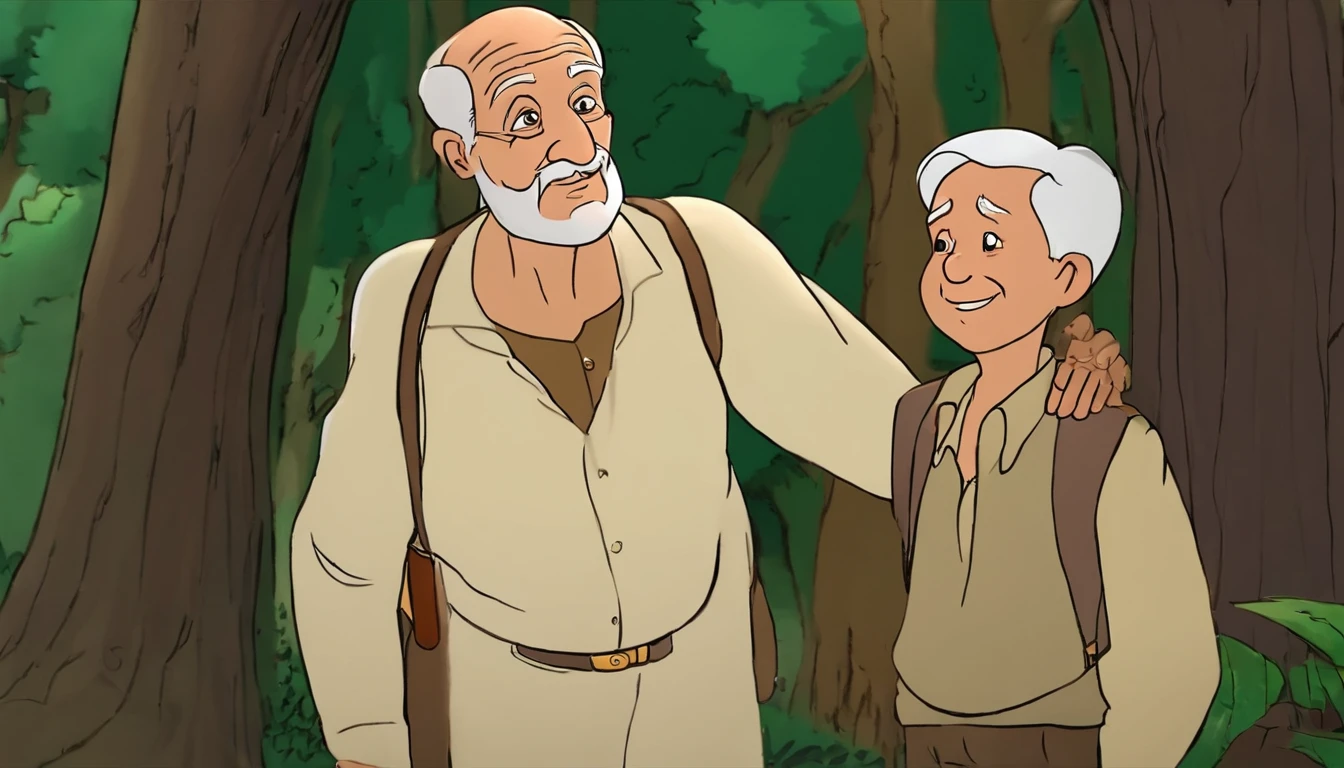Just A very old man, just a young boy, both with happy expressions, are talking about the future, one in front of the other, standing in front of a forest, strong and beautiful trees,  in an animated cartoon-style drawing