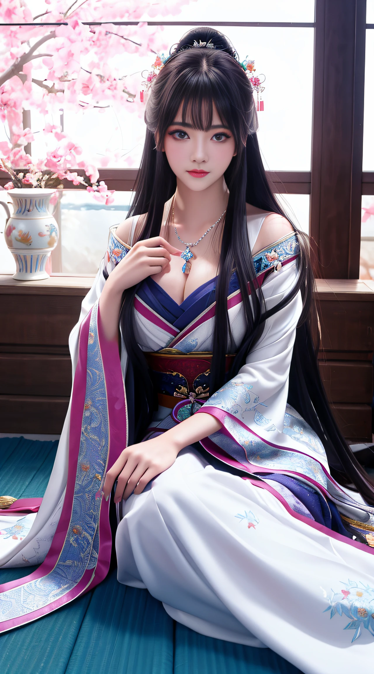 Very detailed CGunity8k wallpaper,Best quality at best,Solo exhibition,cropped shoulders,Extremely Delicately Beautiful,Beautiful and detailed eyes description,Beautiful and detailed facial portrayal,Permanent,Meticulous clothes,hair adornments,Gem Necklace,delicated face,Just look at the audience,tmasterpiece,Best quality at best,Extremely detailed CG8K wallpaper,perfect female shape,Curved,indifferent expression,Long hair,messy hair,eBlue eyes,Extremely Delicately Beautiful,Eau,美丽细致的眼睛,The is very detailed,beauitful face,fine water surface,ultra - detailed,Unbelievably detailed,an extremely delicate and beautiful one,Beautiful and delicate eyes of the best quality,Translucent clothes,LowRa,full body shot of,Super realistic,Hanfu,Chinese style,1girll,huge tit,Hyness,dynamic angle,Colorful colorful,master piece:1,2,Best quality at best,Extremely detailed CG8k wallpaper,Best quality at best,tmasterpiece,primitive,Very detailed wallpaper,Delicate and beautiful face,Sat down,closeup cleavage,low angles,raise leg