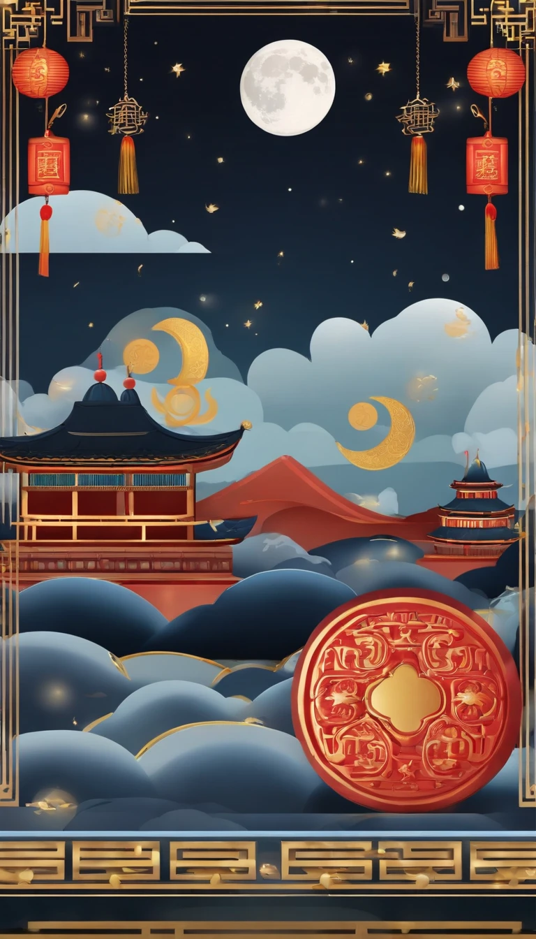 Moon,Moon icon,Two-dimensional style,mid-autumn festival,Moon cake,Gift ribbons,Light bar