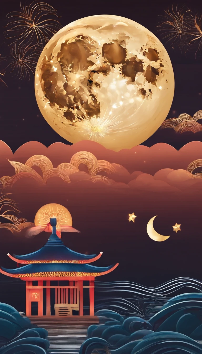 Moon,Moon icon,Two-dimensional style,mid-autumn festival,Moon cake,Gift ribbons,Light bar