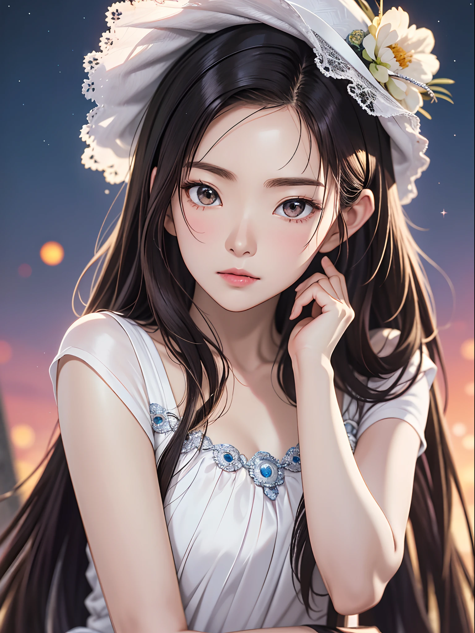 Focus on the person. We create and express the best shining composition of the person. ((Masterpiece)), (((highest quality)))), ((Ultra detail)), (Ultra realistic), (Highly detailed CG illustrations), (Very delicate and beautiful), Girls as masterpieces, highest quality, realistic skin, realistic fabrics, realist illustrations focusing on girls with realistic and ultra-detailed eyes in the center front. This is the absolute rule, and the following sentence expresses the image quality. It is the greatest masterpiece in the history of the class of Inuitsuki Ichigo, in which the owner of the greatest painting talent in human history met an unparalleled beauty and risked his life to depict the most beautiful figure. Create stunning anime artwork that is currently trending on seaStation, showcasing exquisite beauty and captivating aesthetics.  Envision a scene where a petite Japanese high school girl, with a youthful face and clear eyes, is lying on a grassy hill under a starry sky in the world of "Princess Mononoke". The grass rustles softly in the wind, the sound of nature providing a soothing soundtrack. Her dynamite body and finely textured skin glow under the moonlight. Her clothes and accessories, realistically depicted, change according to the fabric material. The stars twinkle in the sky, adding a touch of realism to the scene. This image captures a miraculous moment in her life as she bravely lives in this different world. The image should be hyper-realistic, highly detailed, and in high-resolution 16k. Use a Sony Alpha 1 Mirrorless Camera with a Sony FE 24-105mm f/4 G OSS lens. Set the ISO sensitivity to 32,000 and the shutter speed to 1/125 second. The image should be framed in such a way that the girl is in the center, with the vast starry sky above and the rolling hills of "Princess Mononoke" in the background. --ar 16:9 --v 5.1 --style raw --q 2 --s 750