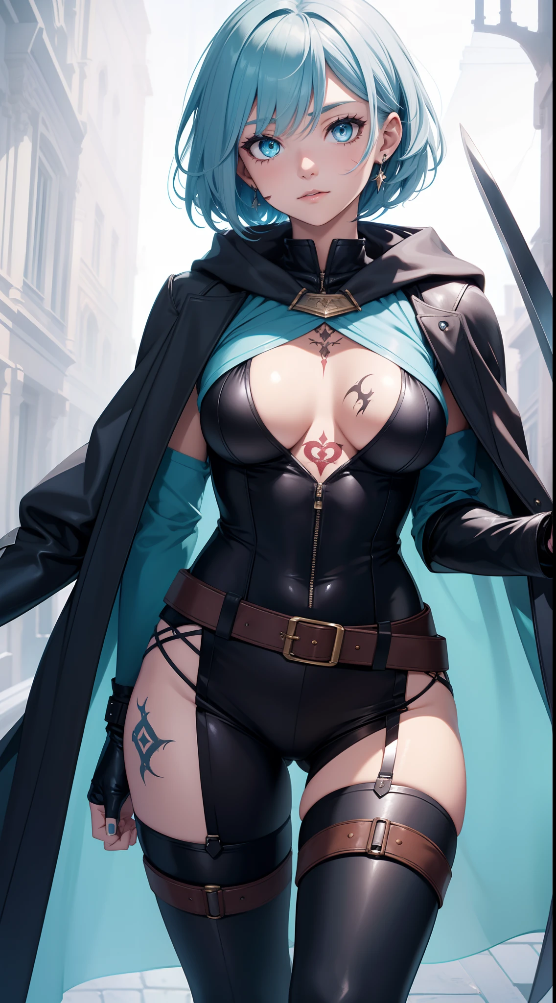 young girl, short gray hair, tomboy, Cyan eyes, Scars, Tatoo, Blue leather cloak, breeches, two swords, open breasts, Masterpiece, hiquality, 4k, HD, Good detail