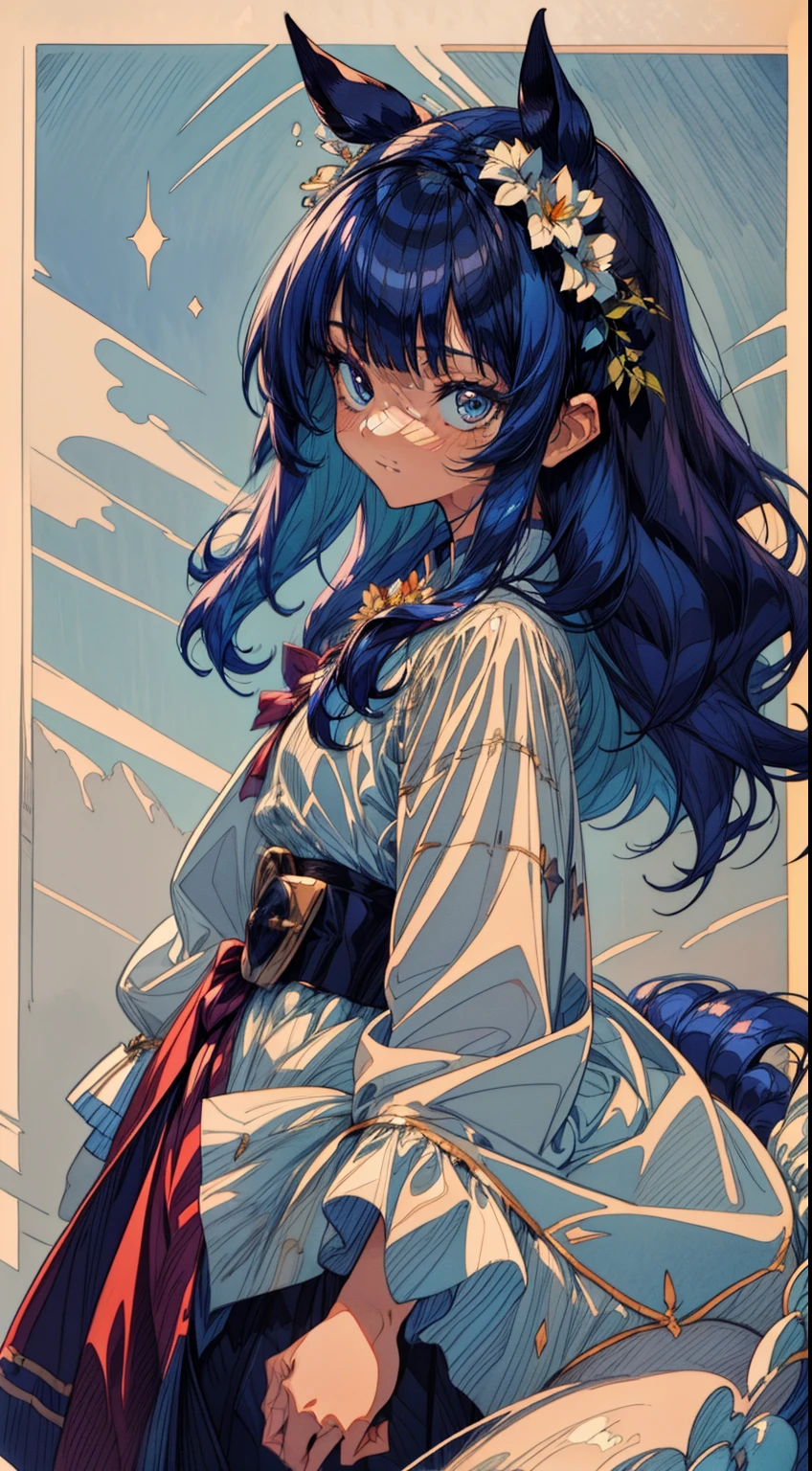 (Best Quality:1.3), Extremely detailed, (illustratio: 1.3), (Concept art:1.2), Best Quality,1girl in,Uma Musume Full Body Illustration, Extremely detailed, (Illustrations: 1.3), girl,(((High color saturation))), Shining,(extremely delicate and beautiful fabric),detailed  clothes, Cute face, sparking eyes ,Lots of details, eye shadow,masutepiece,Best Quality, ((Dark blue hair)),((asymmetrical bangs)),Long hair,detailed  clothes,Long hair,(Horse ears),(Umamusume),((watercolor paiting)),(((petite girl in))),(Light blue clothing),hydrangeas,White and blue dress,Neat and clean dress,vacant eyes,Silent eyes,Dark eyes