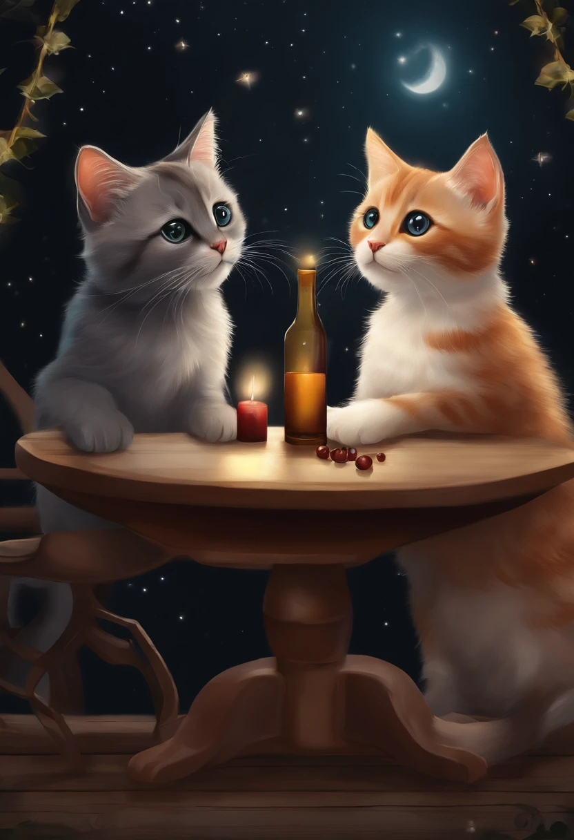 Draw two cats sitting on a table，Next to it was a bottle of wine, a digital painting by Julia Pishtar, Deviant-art, Furry art, kittens in outer space, adorable digital art, illustration of 2 cats, Two cats, lovely digital painting, high quality hd digital art, Cute detailed digital art, Cute cats, cats cat dreamcats, high-quality picture