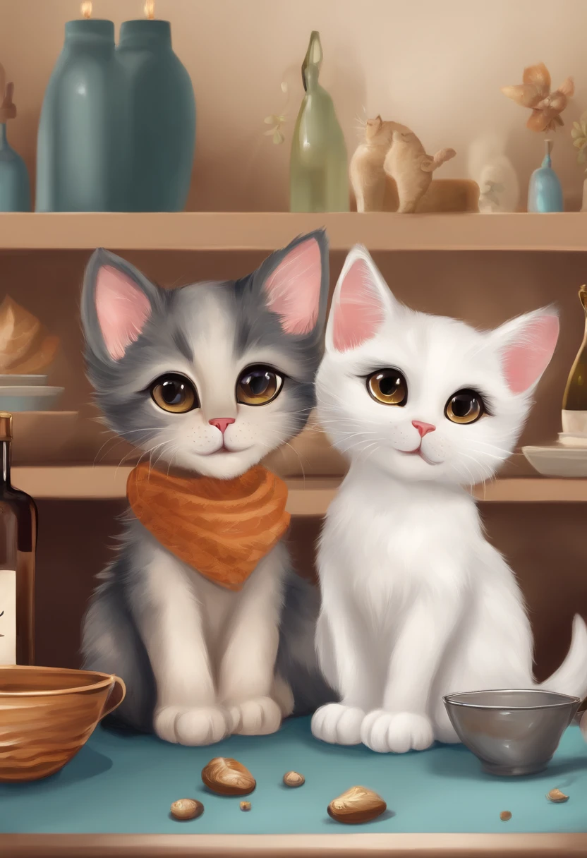 Draw two cats sitting on a table，Next to it was a bottle of wine, a digital painting by Julia Pishtar, Deviant-art, Furry art, kittens in outer space, adorable digital art, illustration of 2 cats, Two cats, lovely digital painting, high quality hd digital art, Cute detailed digital art, Cute cats, cats cat dreamcats, high-quality picture