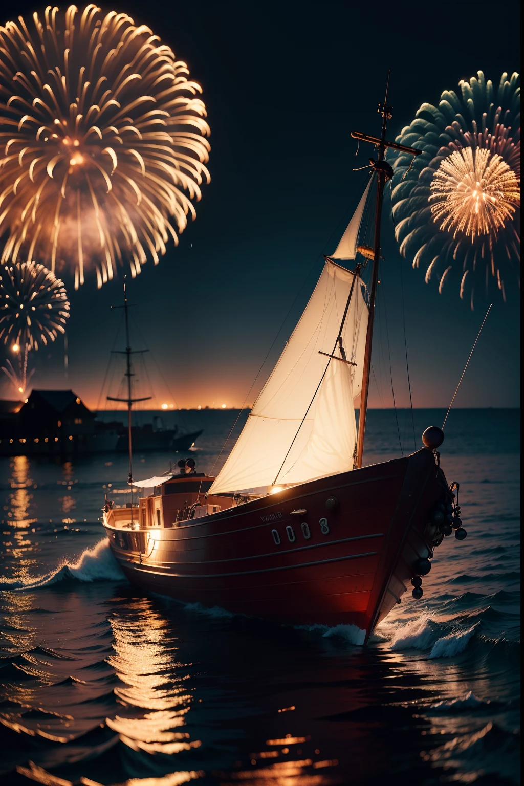 Evening fireworks, moon, sea, boat, HD beautiful