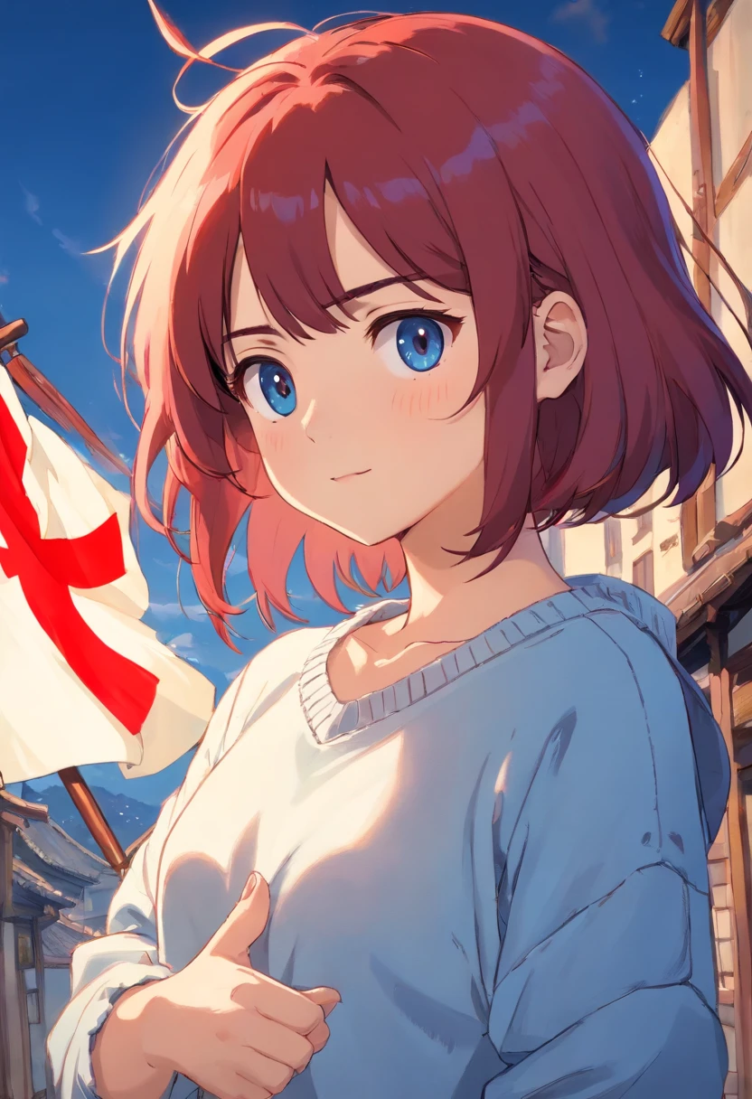 1girl, roupa: saia jeans azul, white sweater drawing flag of japan, cabelo vermelho, cabelo longo, Saying goodbye with your hands, obra-prima, melhor qualidade, altamente detalhado