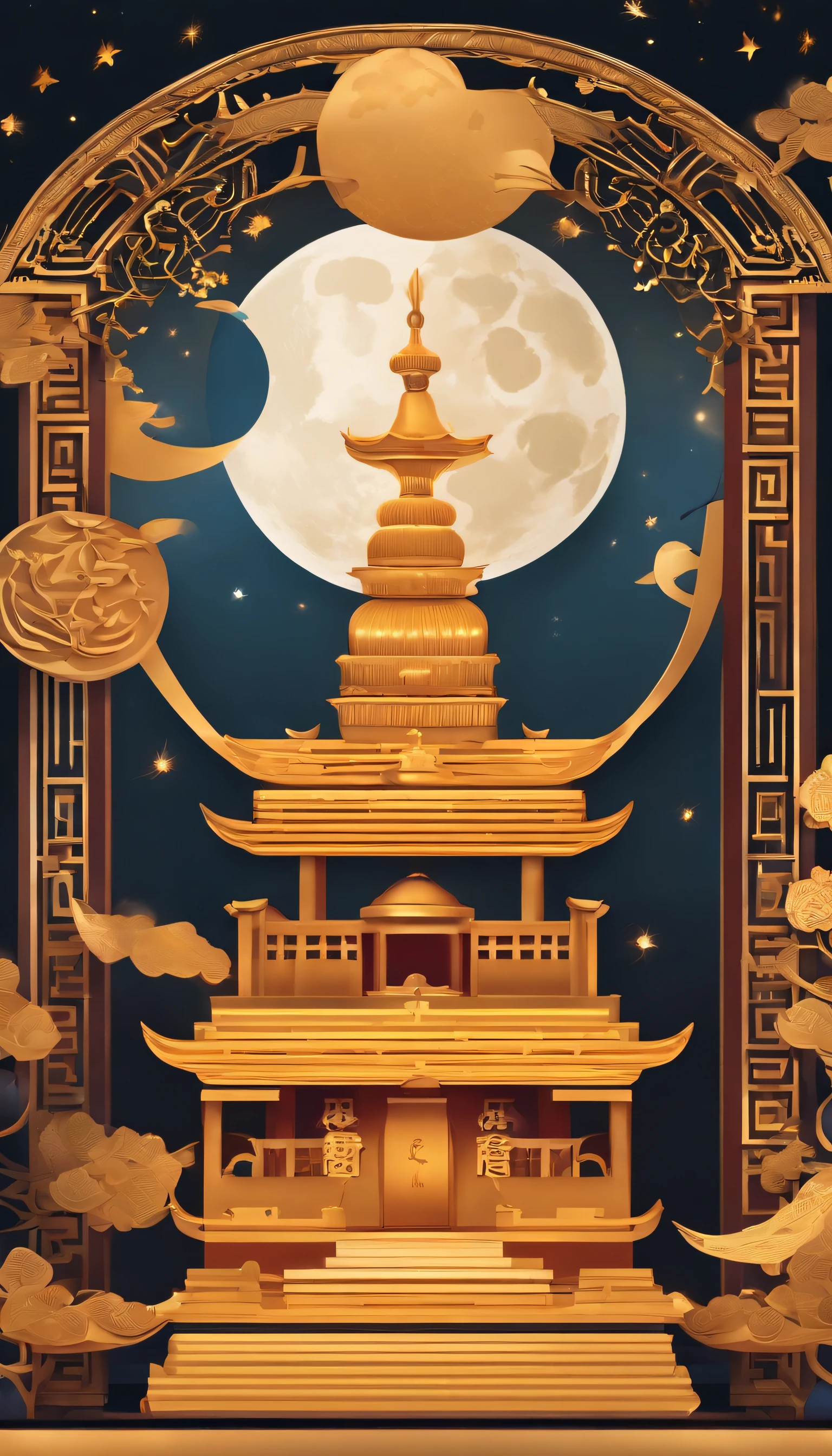 Moon,Moon icon,Two-dimensional style,mid-autumn festival,Moon cake,Gift ribbons,Light bar