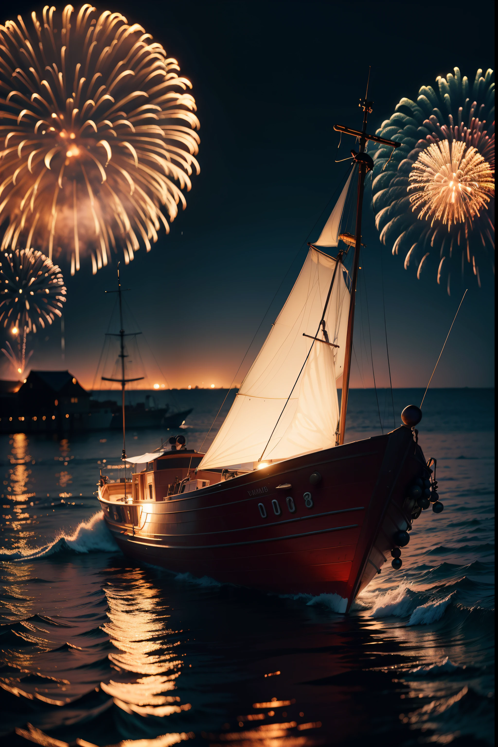 Evening fireworks, moon, sea, boat, HD beautiful