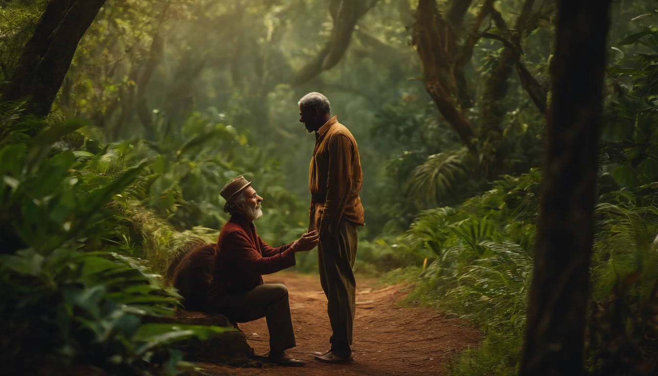 Homem velho conversando com seu neto sobre o futuro, expression of happiness, em frente a uma grande floresta. ultrarealista