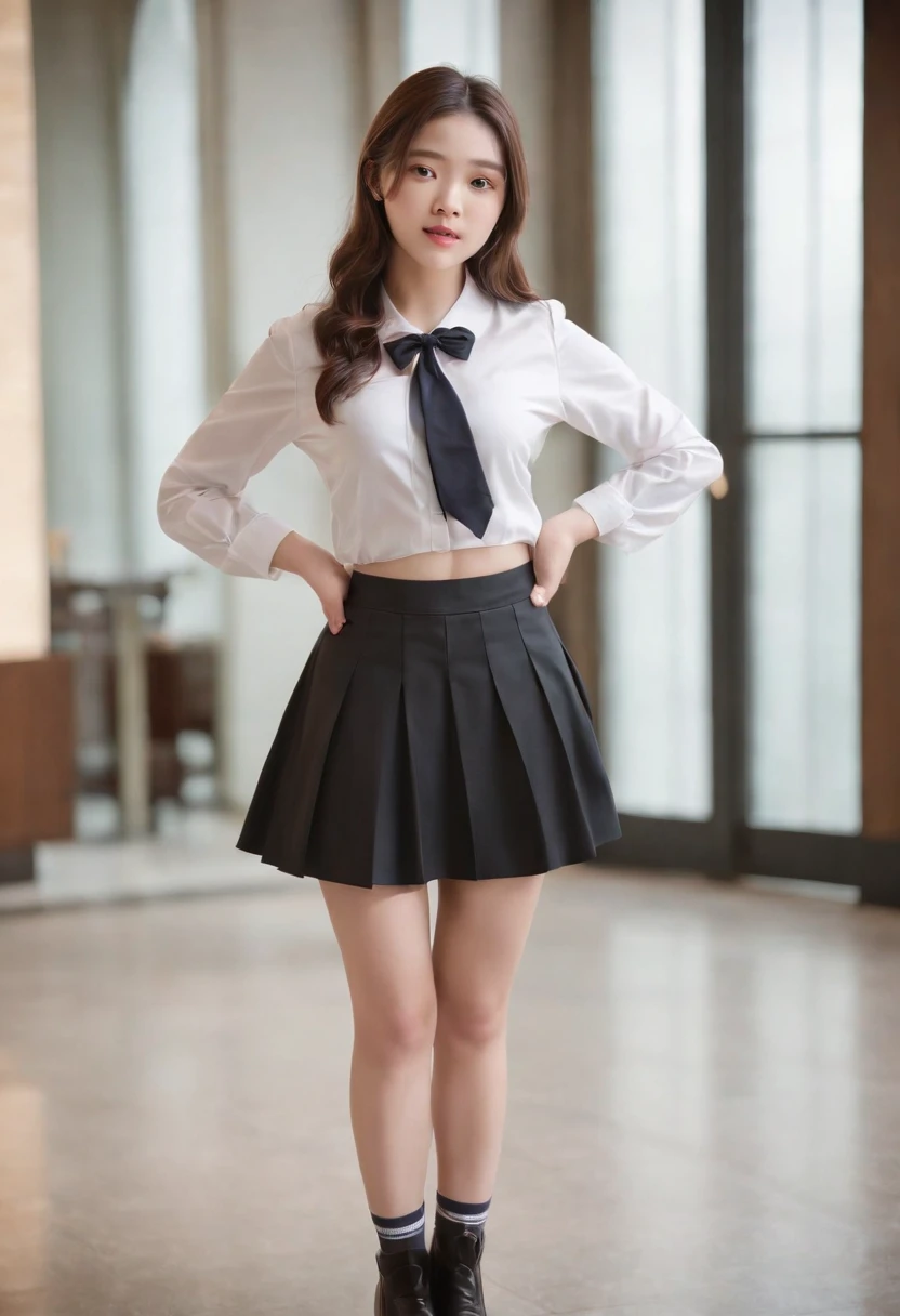Masterpiece, Best quality, Super detailed, Panchira, Photo girl 18 years old, Cute, ((((Kpop idol)), , H cup, Skirt, Unbuttoned open school uniform, Socks, Brunette hair, Blurred, Blurred background, kneehighs, Open white shirt without buttons, Loafer shoes, reality, Long hair, Lips, Brown eyes, Sweaty, Soaking, Pleated skirt, bow, indoor, Hotel lobby, brownfootwear, sat on the ground (Front view: 1.37), Plump and bare sexual organs (Open legs, plump, (NSFW: 1.175)