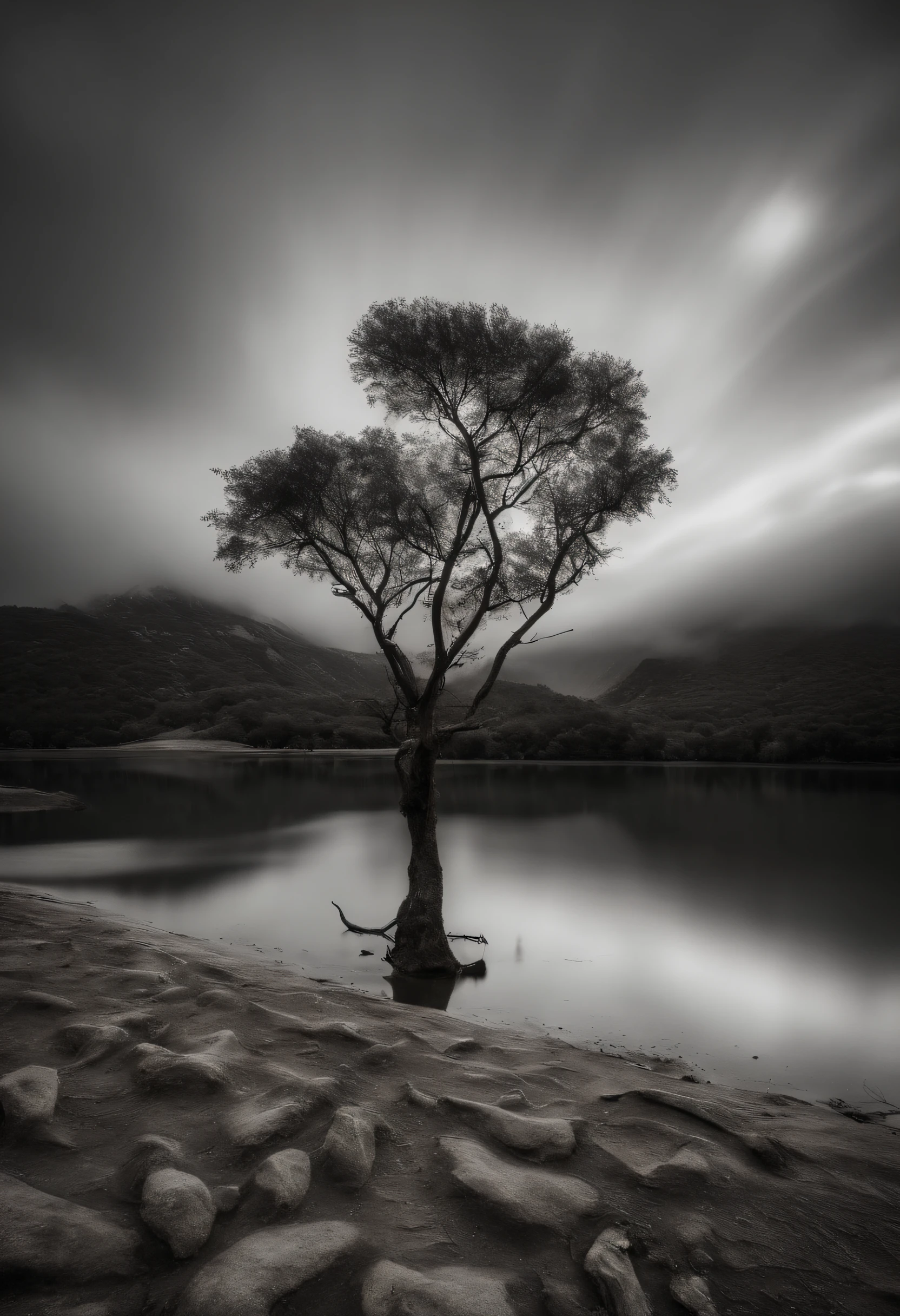 Noite de lua cheia brilhante, lake reflecting the shadow of an ipê tree. Sense of tranquility and natural beauty. transmitir impacto visual impressionante. ultra realista e detalhado. lua cheia com bastante destaque na imagem.