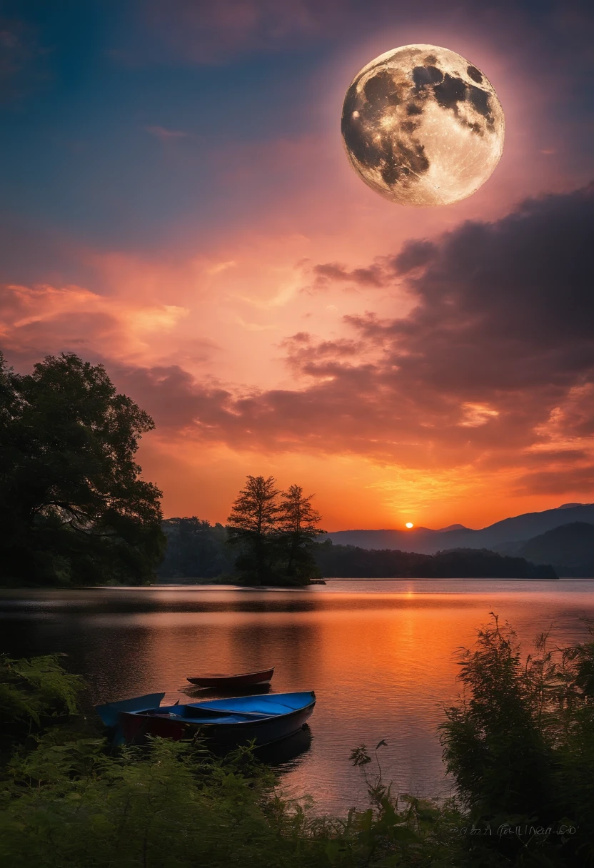 Sunset sky、Impossibly big moon、lake、mont、Fantastical、Best Quality、Masterpiece
