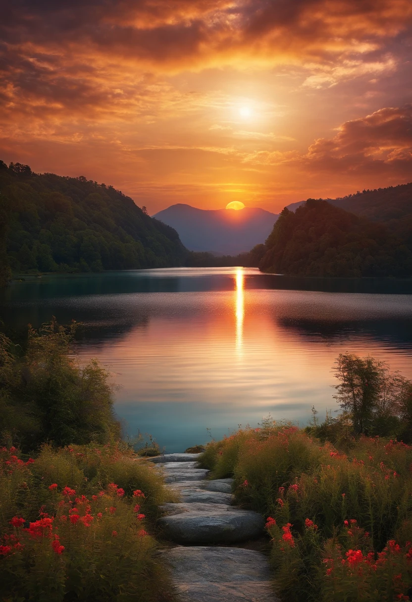 Sunset sky、Impossibly big moon、lake、mont、Fantastical、Best Quality、Masterpiece