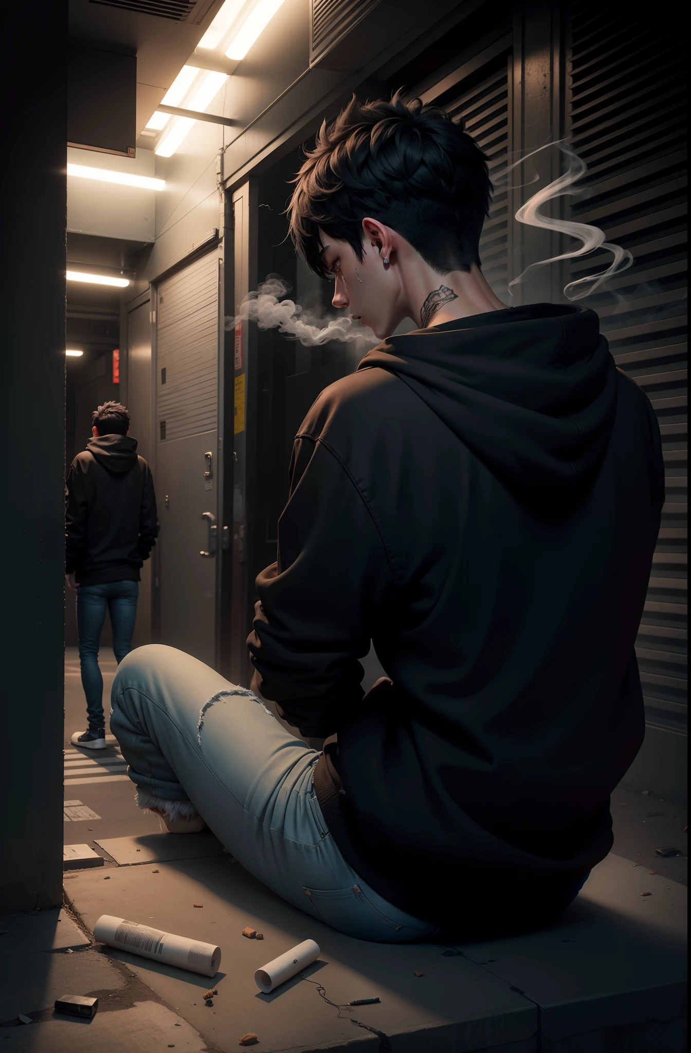 A Rude boy (Short Hair Style One Way) who wearing Long Black Hoodie with Long Jeans. backside view, Hide Face, Can't See Face, without face, Back View , sitting, sad, crying in the darkness, scattering cigarettes and obiously smoke nearly him, Nightmares, mid night photo manipulation,