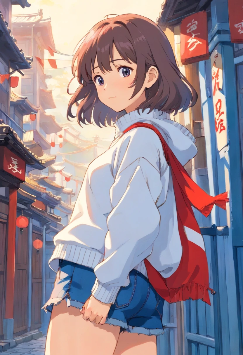1girl, roupa: saia jeans azul, White sweater drawing flag of Japan, cabelo vermelho, cabelo longo, Saying goodbye with your hands, obra-prima, melhor qualidade, altamente detalhado