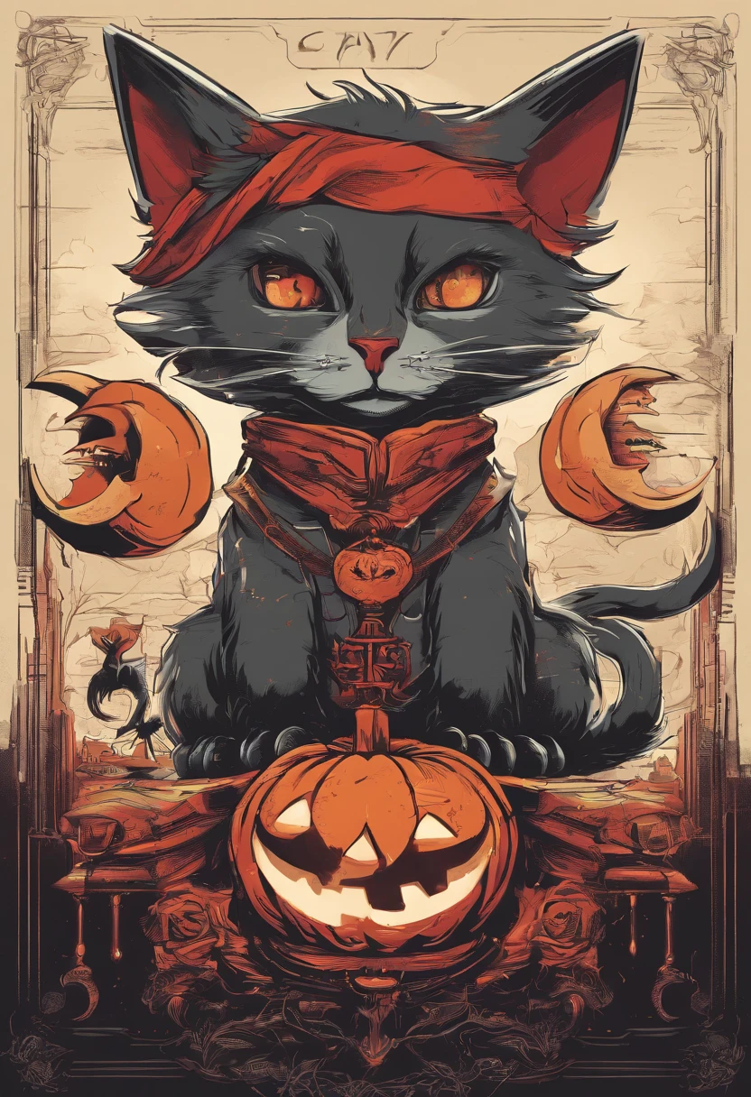 Design an eye-catching heavy metal t-shirt graphic. The design should be placed on the front of the shirt: one cat, tortoiseshell cat all in black, brown fur above the eyes and on the chest, smiling cat, narrow face, cute cat expression, red collar around the cat's neck, glowing little jack-o-lantern shaped bell on that red collar, green back suspension light in the dark, The design and composition must be balanced and visually appealing, like a heavy metal T-shirt.