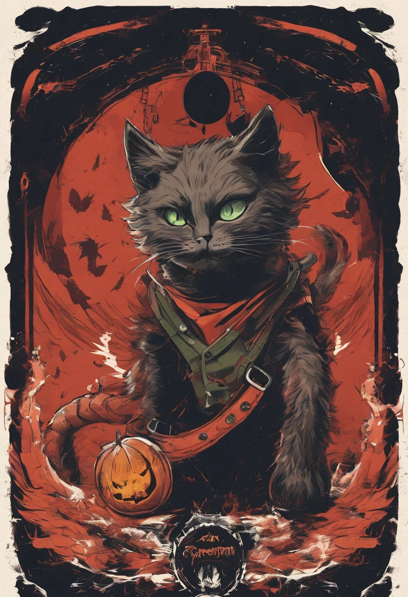 Design an eye-catching heavy metal t-shirt graphic. The design should be placed on the front of the shirt: one cat, tortoiseshell cat all in black, brown fur above the eyes and on the chest, smiling cat, narrow face, cute cat expression, red collar around the cat's neck, glowing little jack-o-lantern shaped bell on that red collar, green back suspension light in the dark, The design and composition must be balanced and visually appealing, like a heavy metal T-shirt.