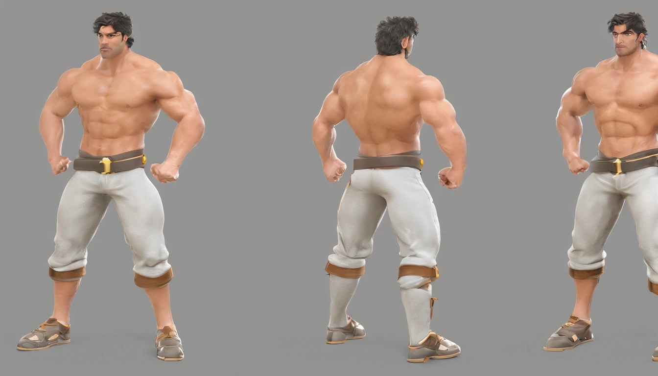 ((masterpiece)),(((best quality))),(character design sheet, same character, front, side, back), Reference sheet of adult male, muscle, short brown hair, orange eyes, barebacked, headband, cloth belt, bare foots, gold bracelet accessory, detailed face, detailed hair, (simple background, white background: 1.3)